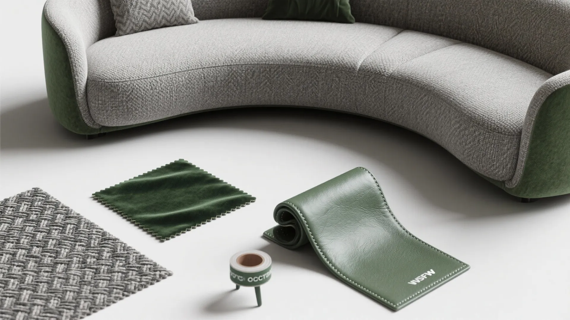 Top-down flatlay of sofa fabric swatches including performance woven, leather, microfiber and a velvet accent, plus a leg sample.