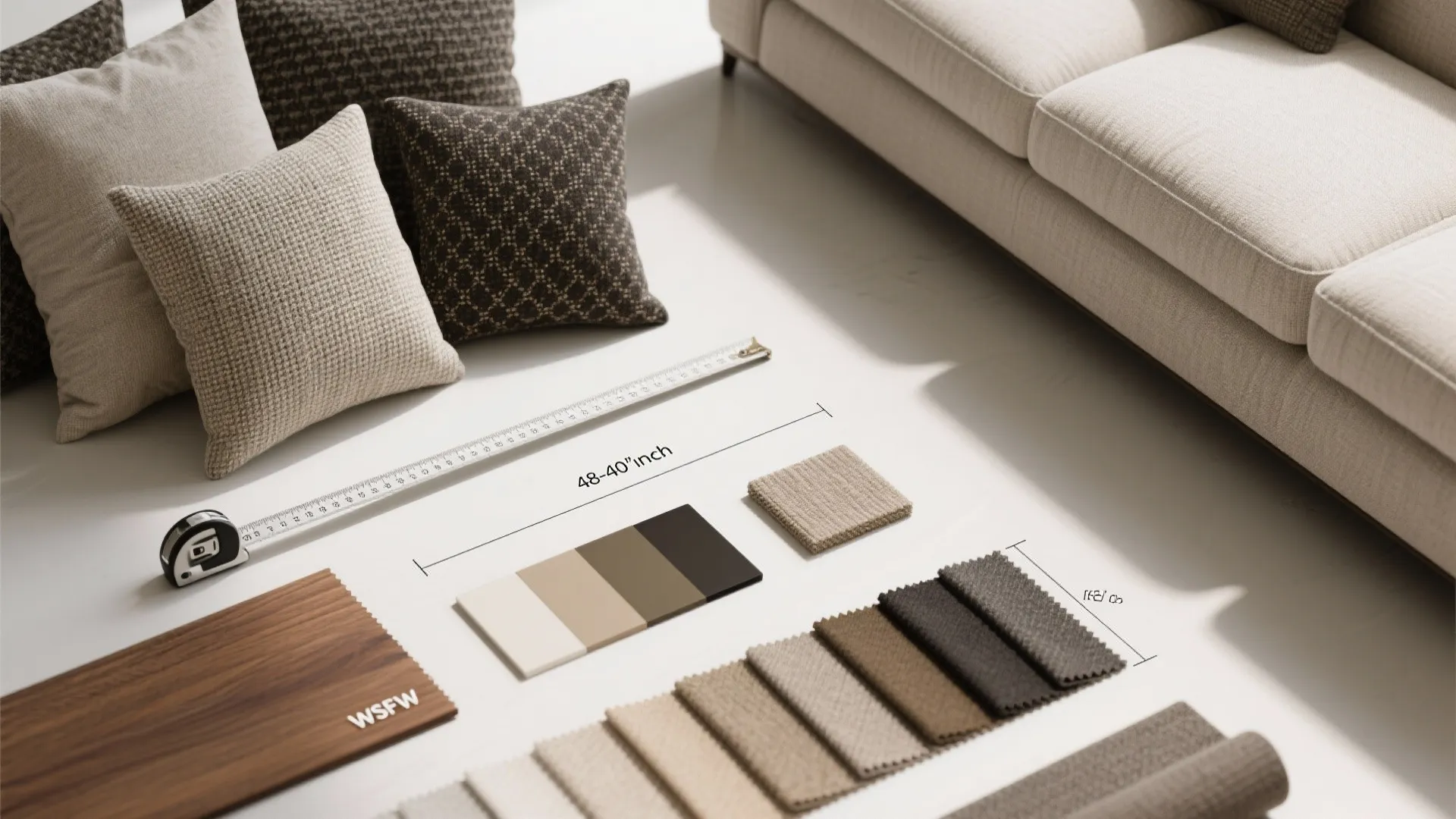 Flatlay of loveseat fabric swatches, color chips and a measuring tape illustrating size and fabric choices.