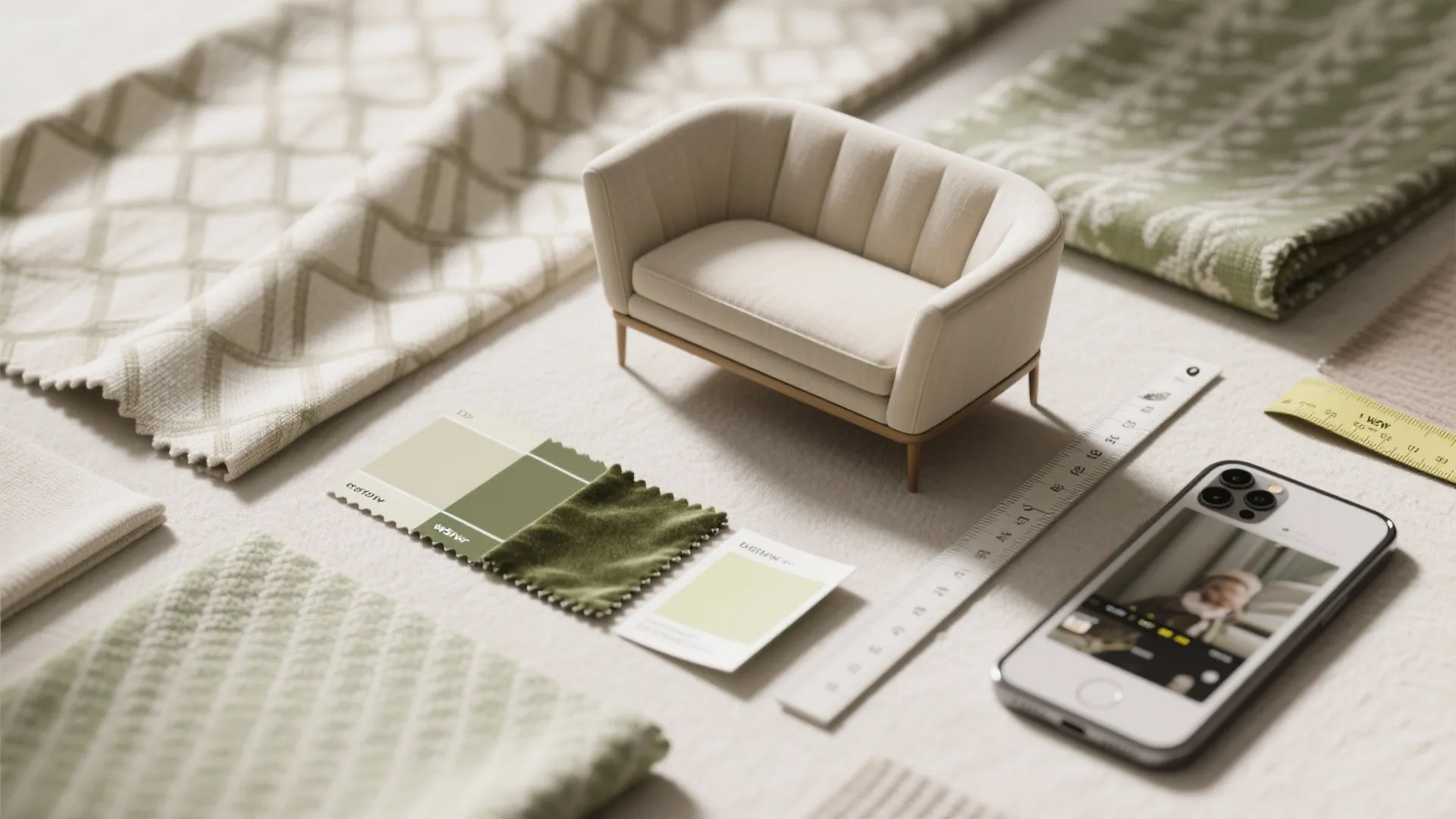 Miniature cream sofa surrounded by fabric swatches green color cards a ruler and a smartphone