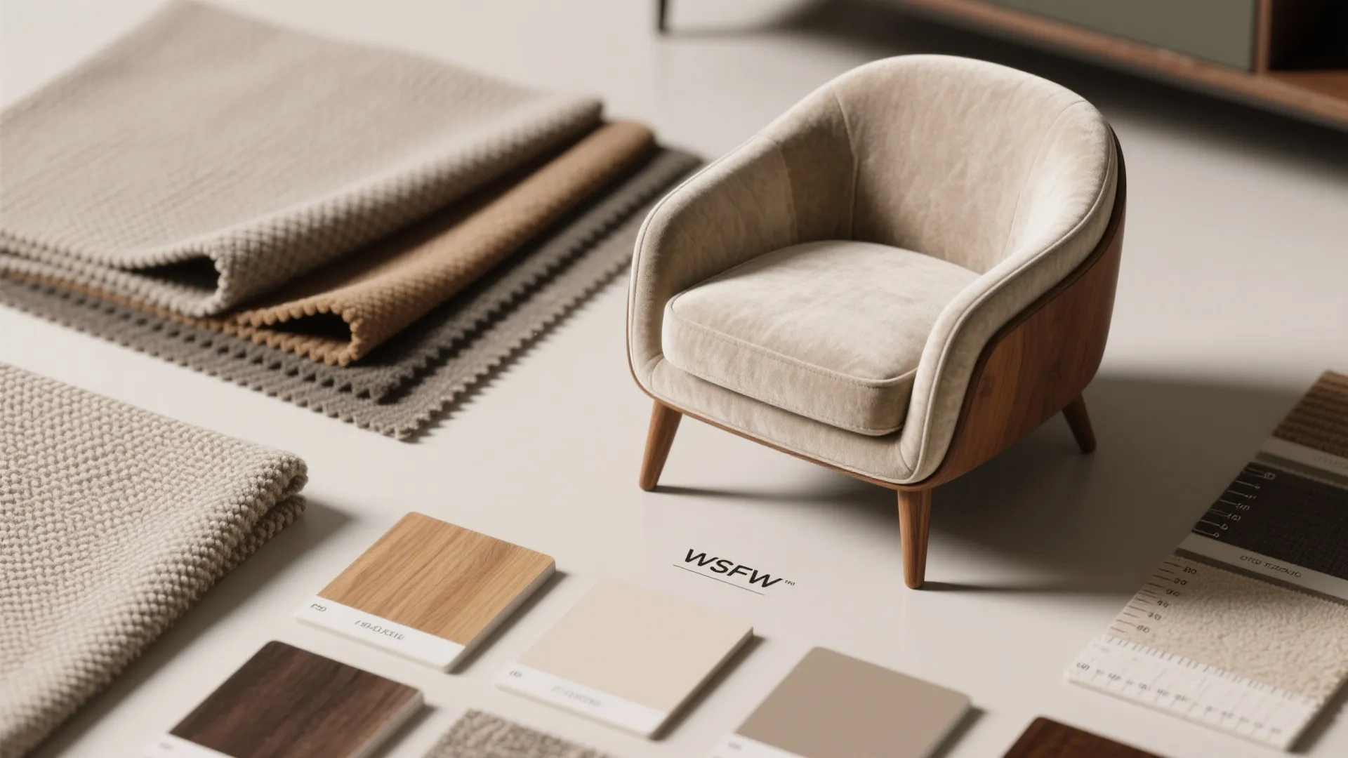 Flatlay of fabric swatches, leg finishes and color chips for choosing scale and material for a small recliner.