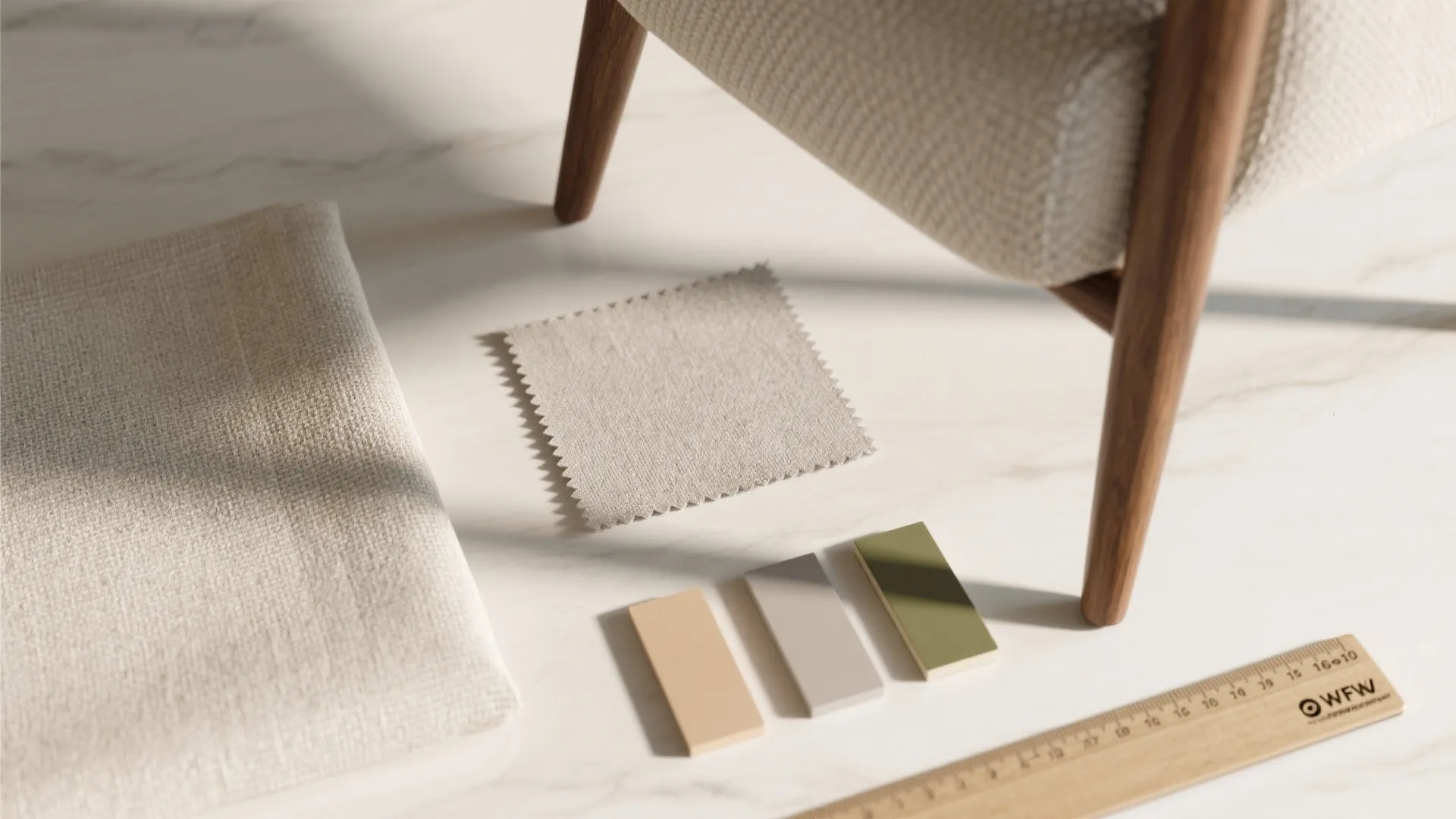 Interior design materials including fabric swatches color samples and wooden ruler on a marble table