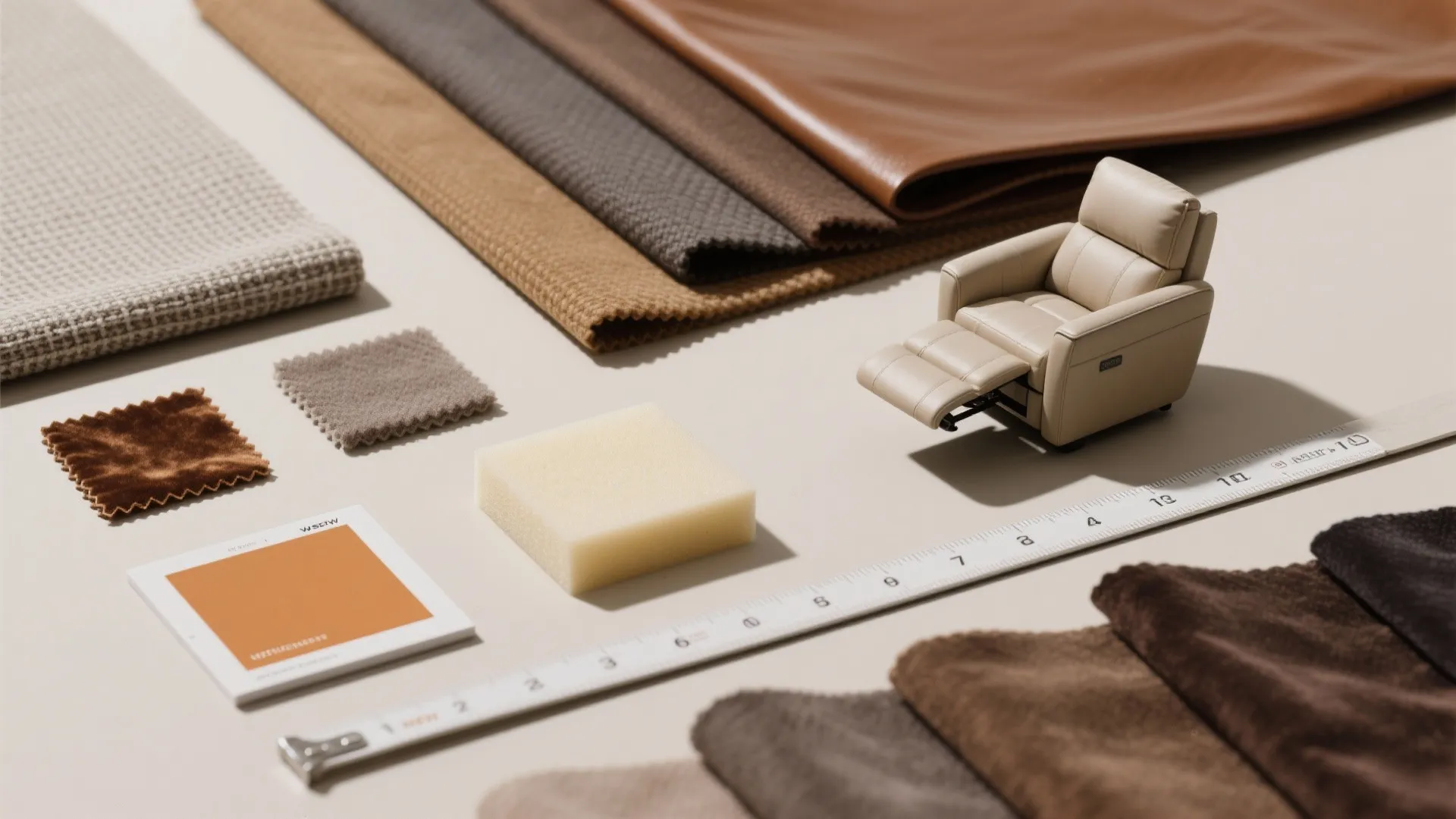 Various fabric material samples with small beige sofa model and measuring tape for home design