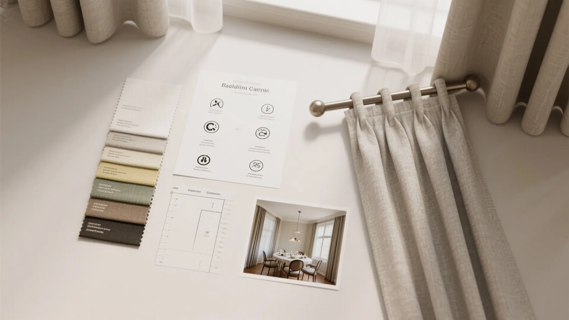 Fabric swatches with care icons, measuring diagram for curtain rod height, and small before-and-after thumbnails.