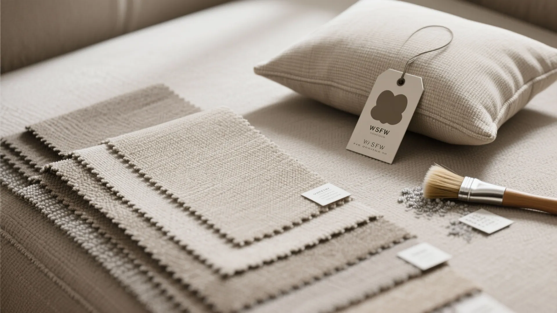 Neutral fabric samples arranged with a small pillow paper tag and brush on textured surface