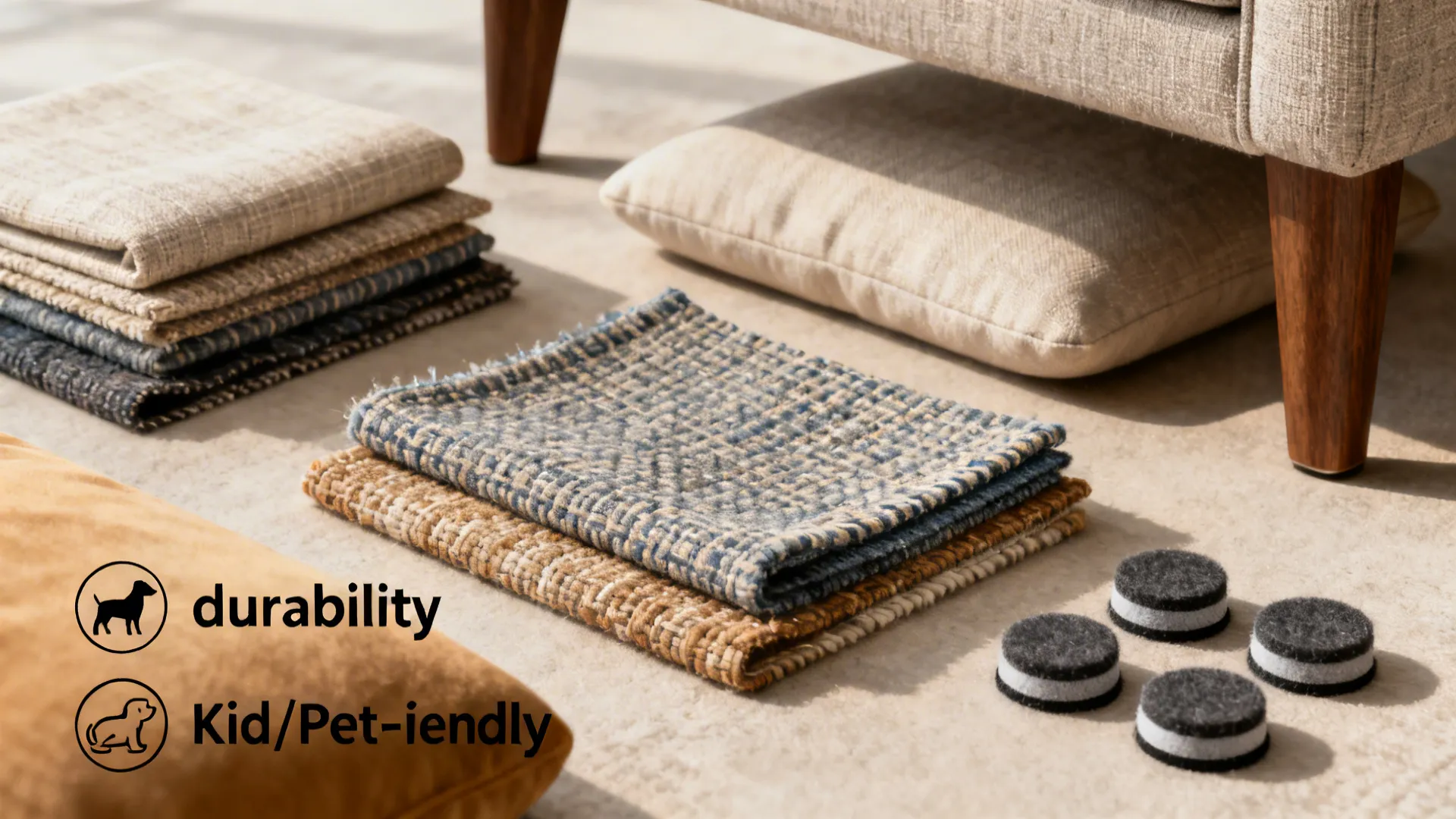 Fabric swatches, cushion samples and protective pads illustrating durable, kid- and pet-friendly choices.