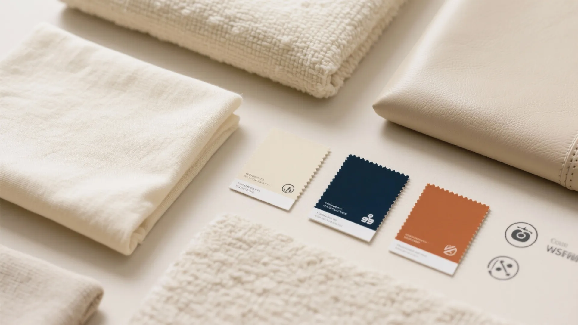 Soft cream fabric materials and colorful material samples showing different textures for home interior design