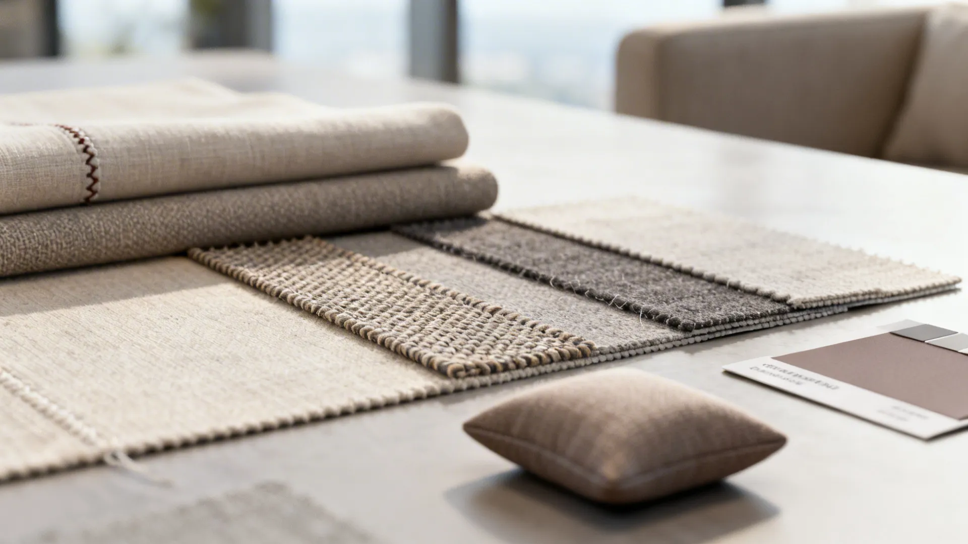 Close-up of sofa and chair fabric swatches and cushion color chips showing performance and accent fabrics