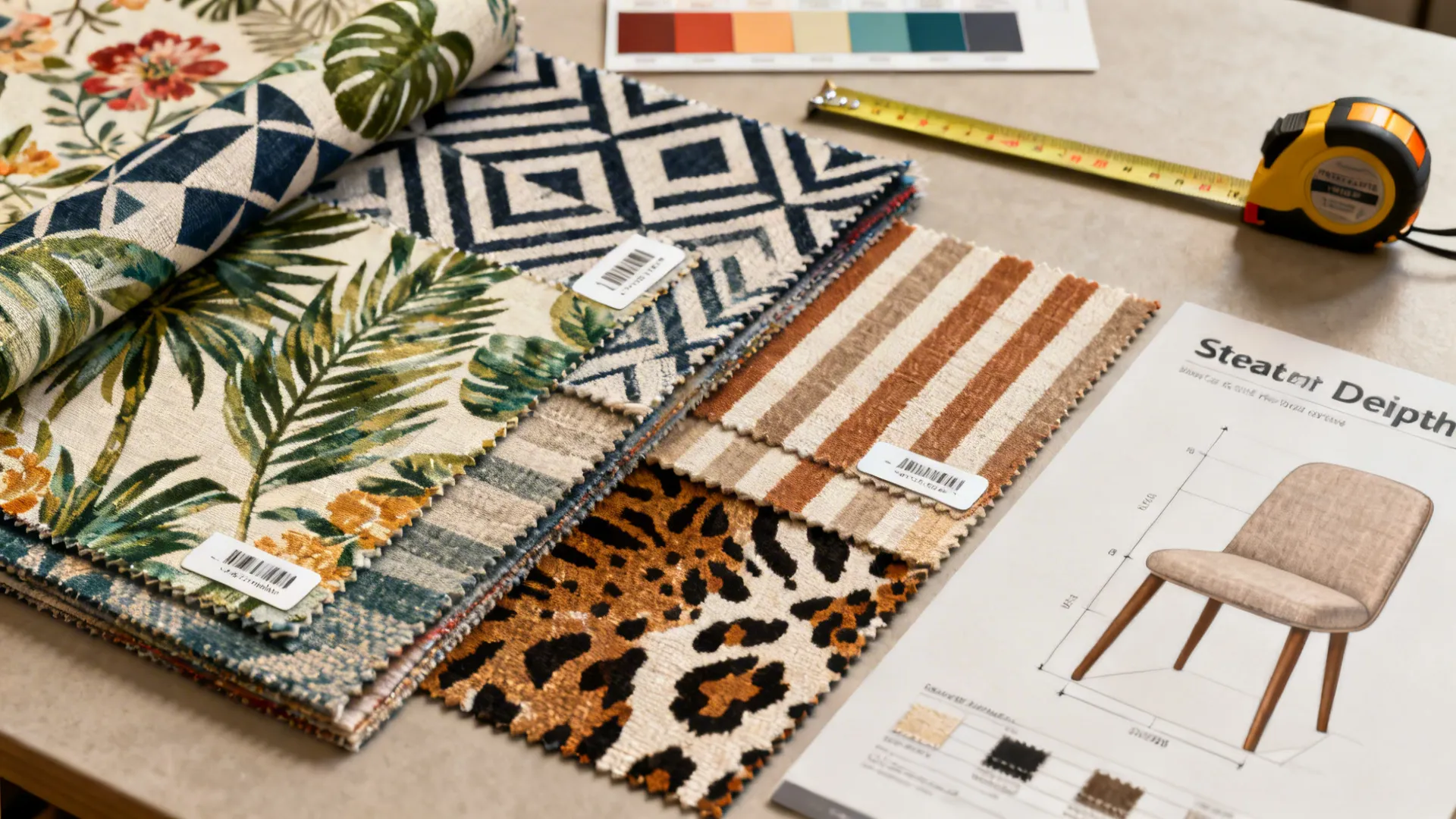 Fabric swatches, measuring tape, and color chips for choosing printed upholstery.