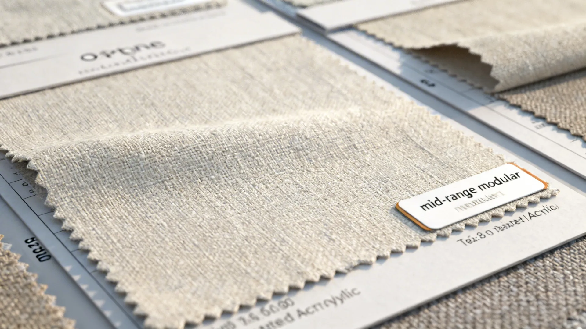 Performance linen and treated acrylic fabric swatches with measurement notes for selecting mid-range modular sofas.
