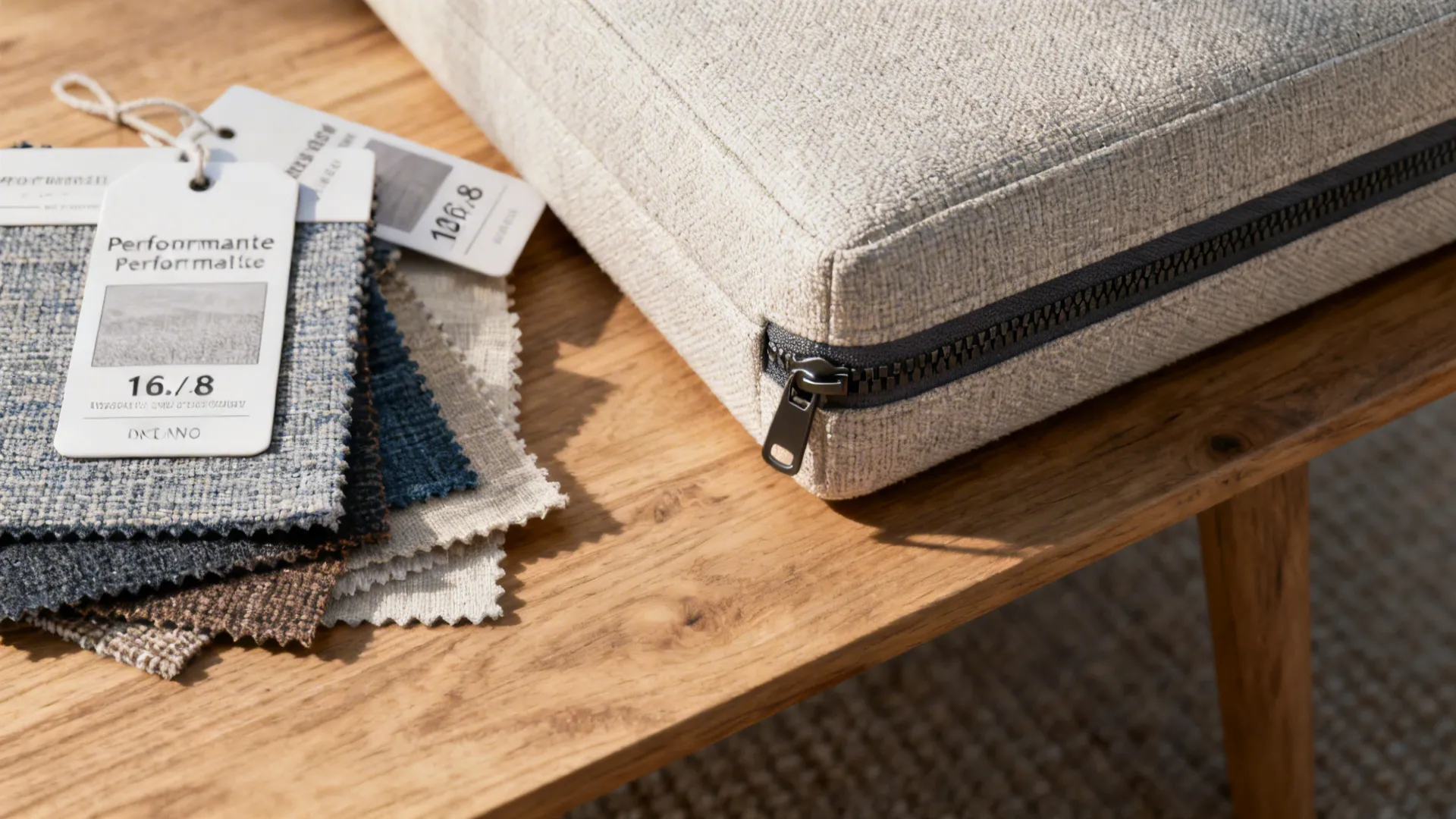 Close-up of performance fabric swatches and removable cover details for sectionals.