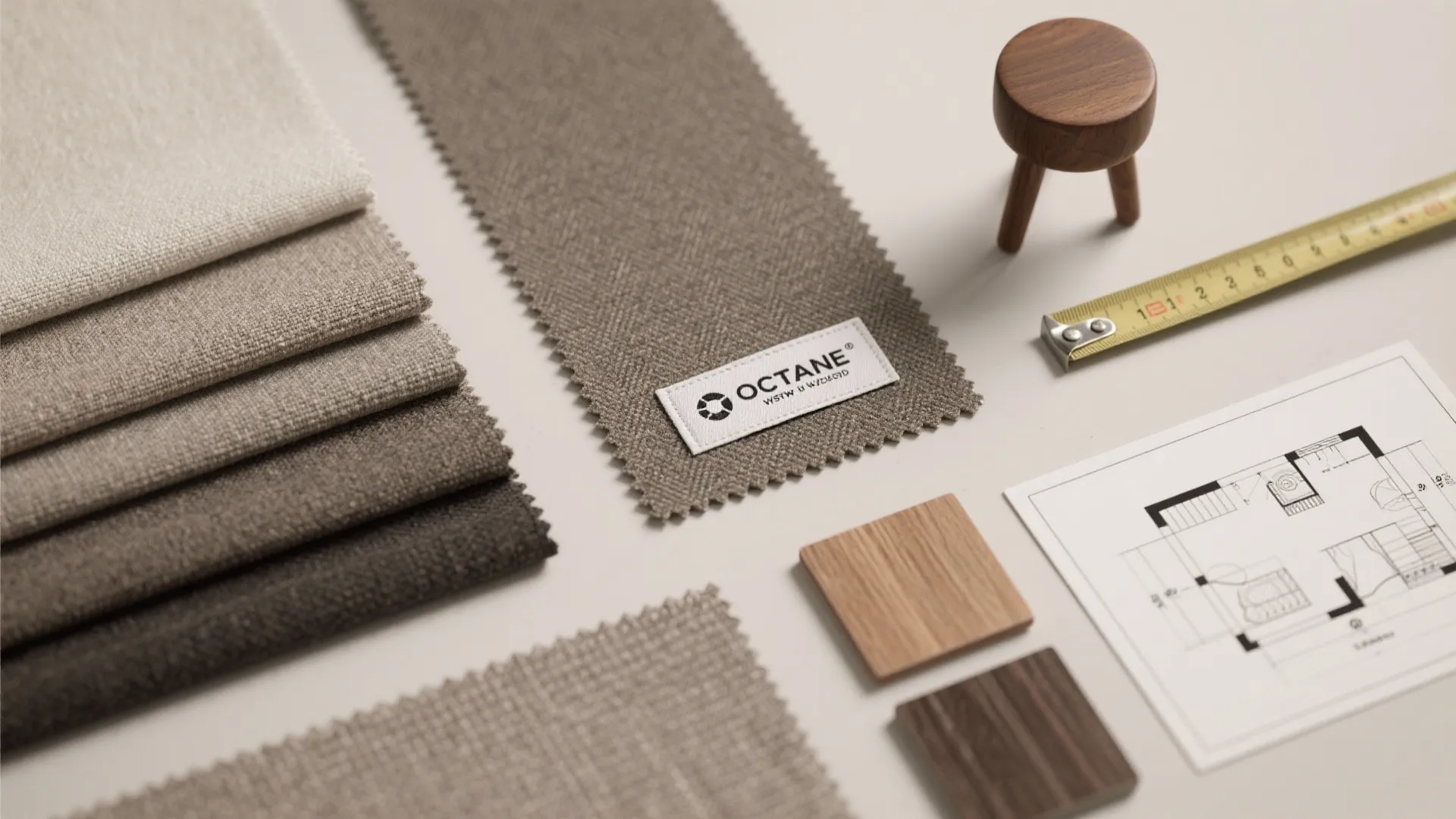 Collection of fabric swatches in neutral colors with a wood sample and a room layout
