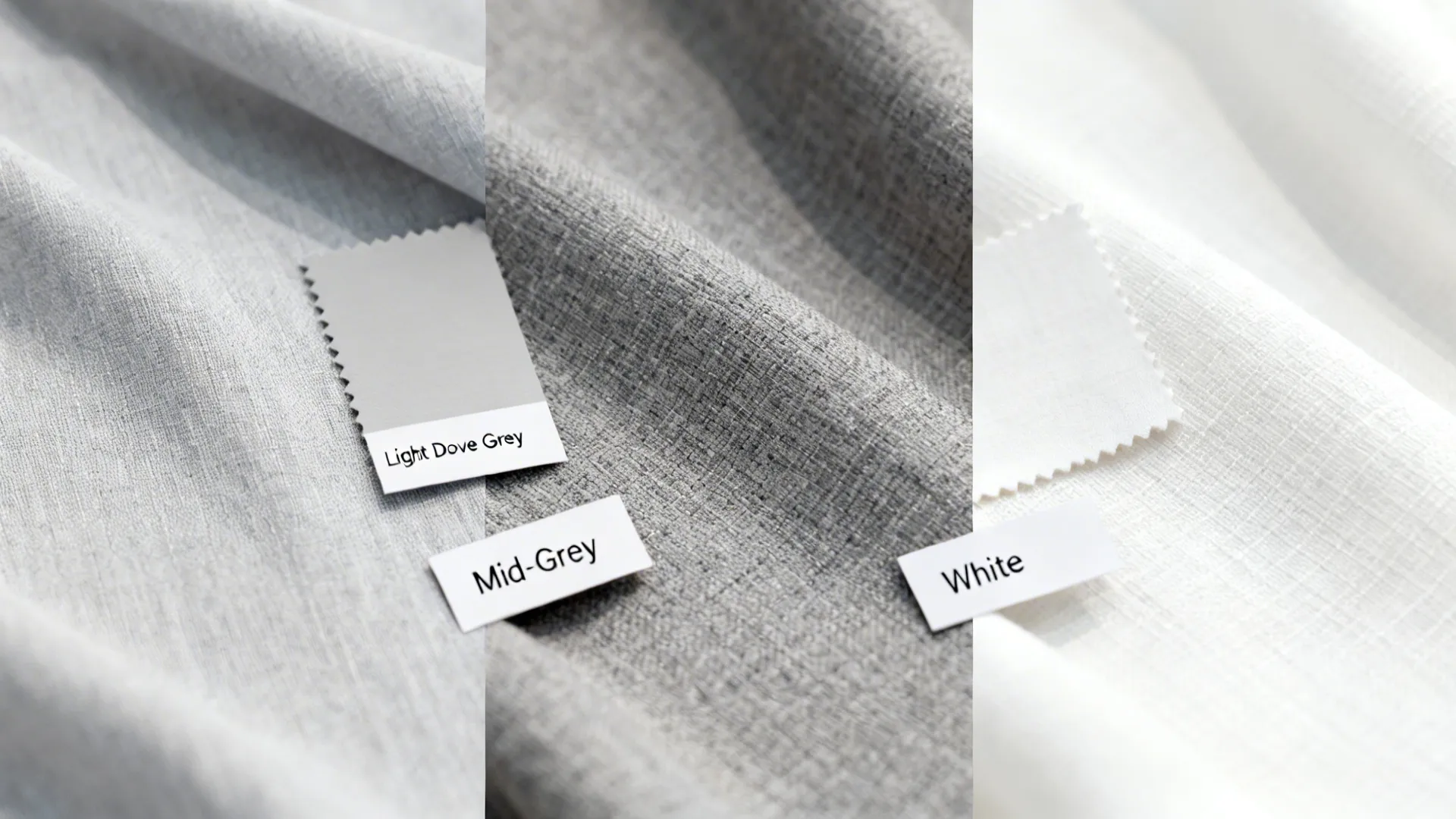 Fabric swatches in dove grey, mid-grey, and white showing color options for curtains