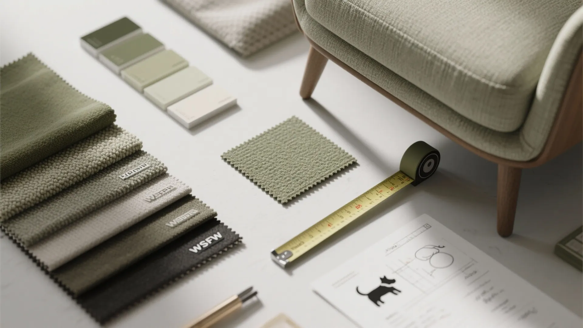 Green fabric swatches color palette tape measure and interior design drawing on a white table