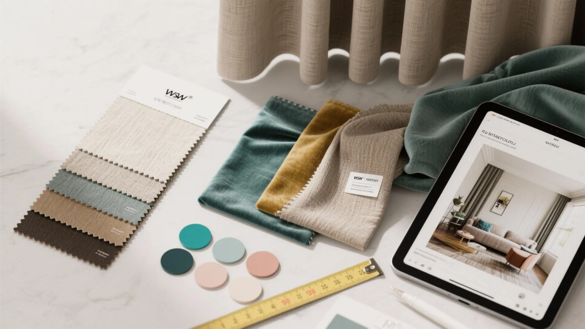 Flatlay of curtain fabric swatches and color chips with a tablet showing a digital mockup.