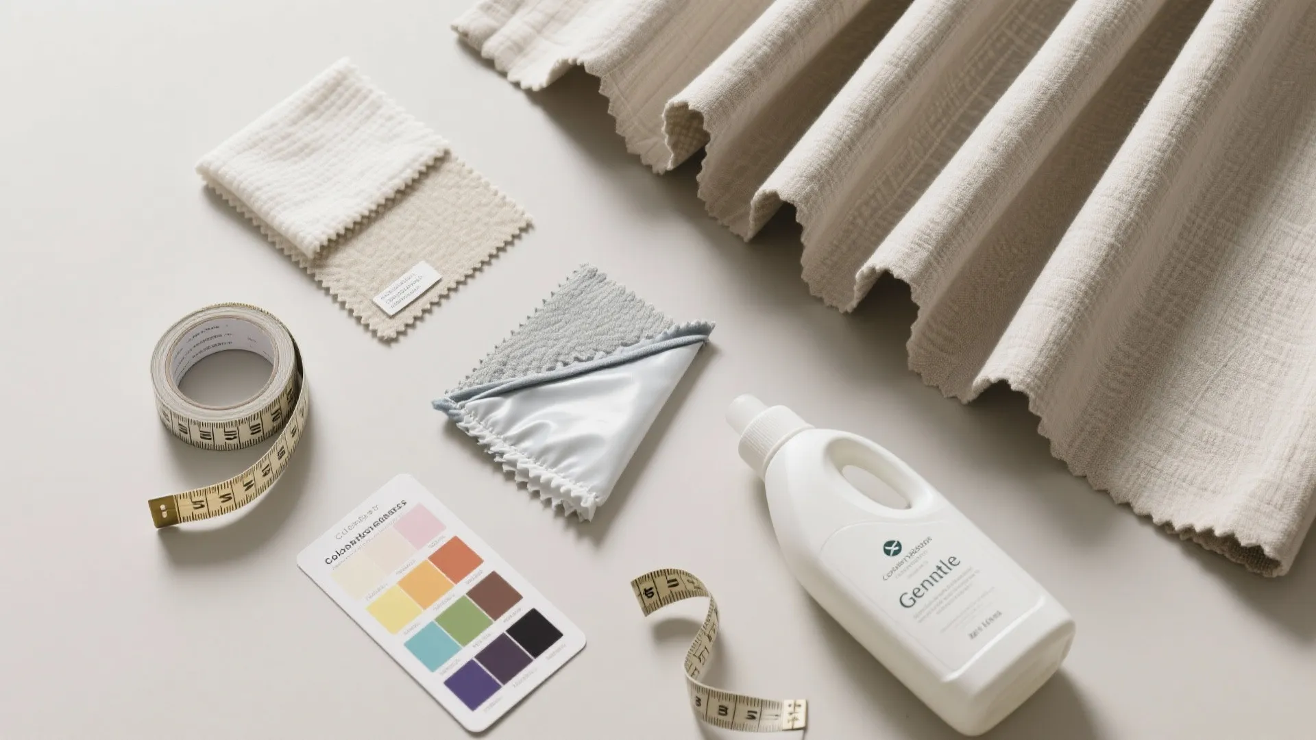 Flat lay fabric swatches beige curtain material measuring tape color card and white cleaner bottle
