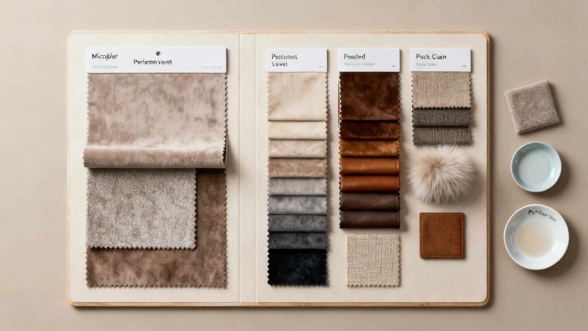 Flatlay of performance fabric swatches including microfiber, velvet, and treated leather.