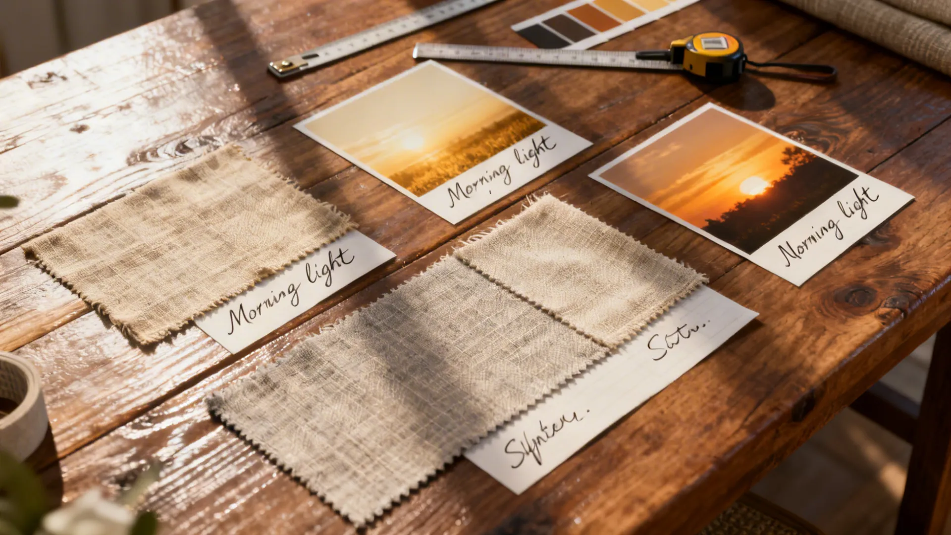 Fabric swatches and sunrise photos on a wooden table with ruler and yellow measuring tape
