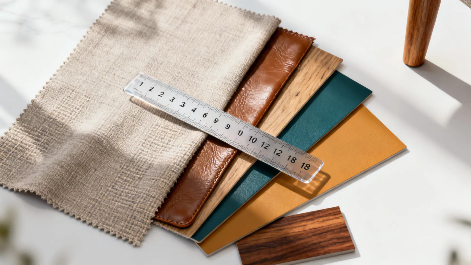 Fabric swatches, wood finishes, and color chips for small living room chairs with a clearance ruler.