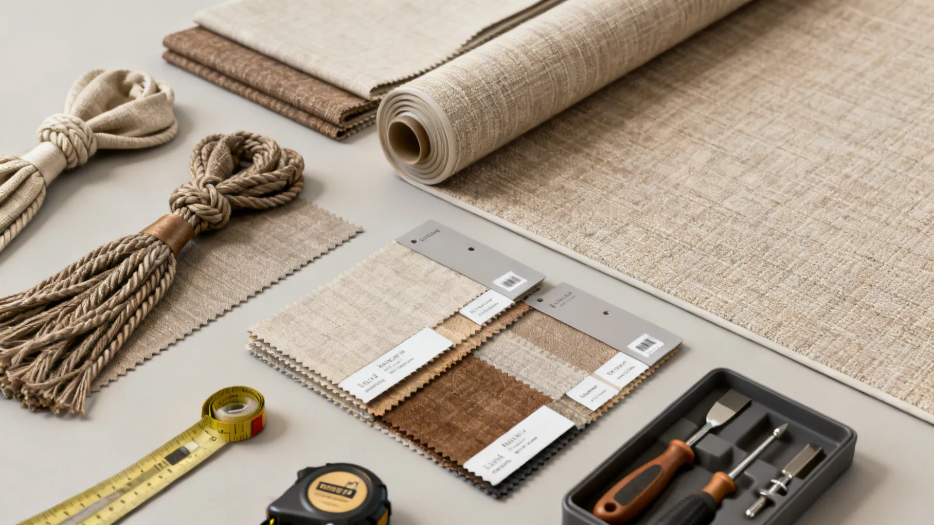 Flatlay of fabric swatches, tiebacks, roller shade material and tools for valance planning