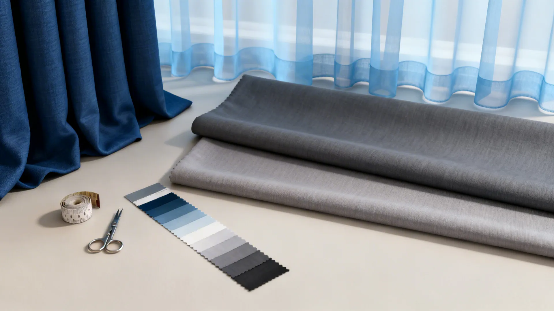 Flatlay of blue and grey curtain fabric swatches, trim samples, and measuring tape for planning curtain choices.