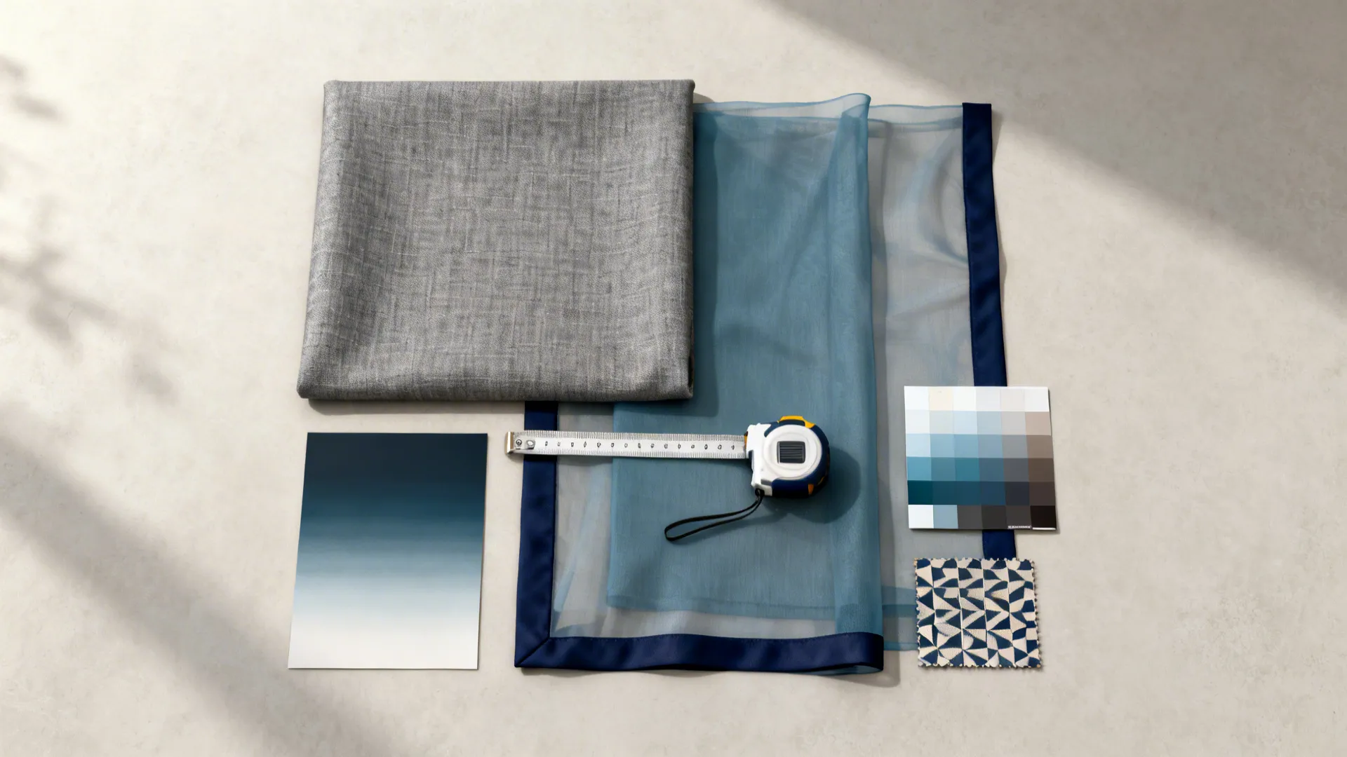 Flatlay of curtain fabric swatches in grey and blue with color chips and measuring tape