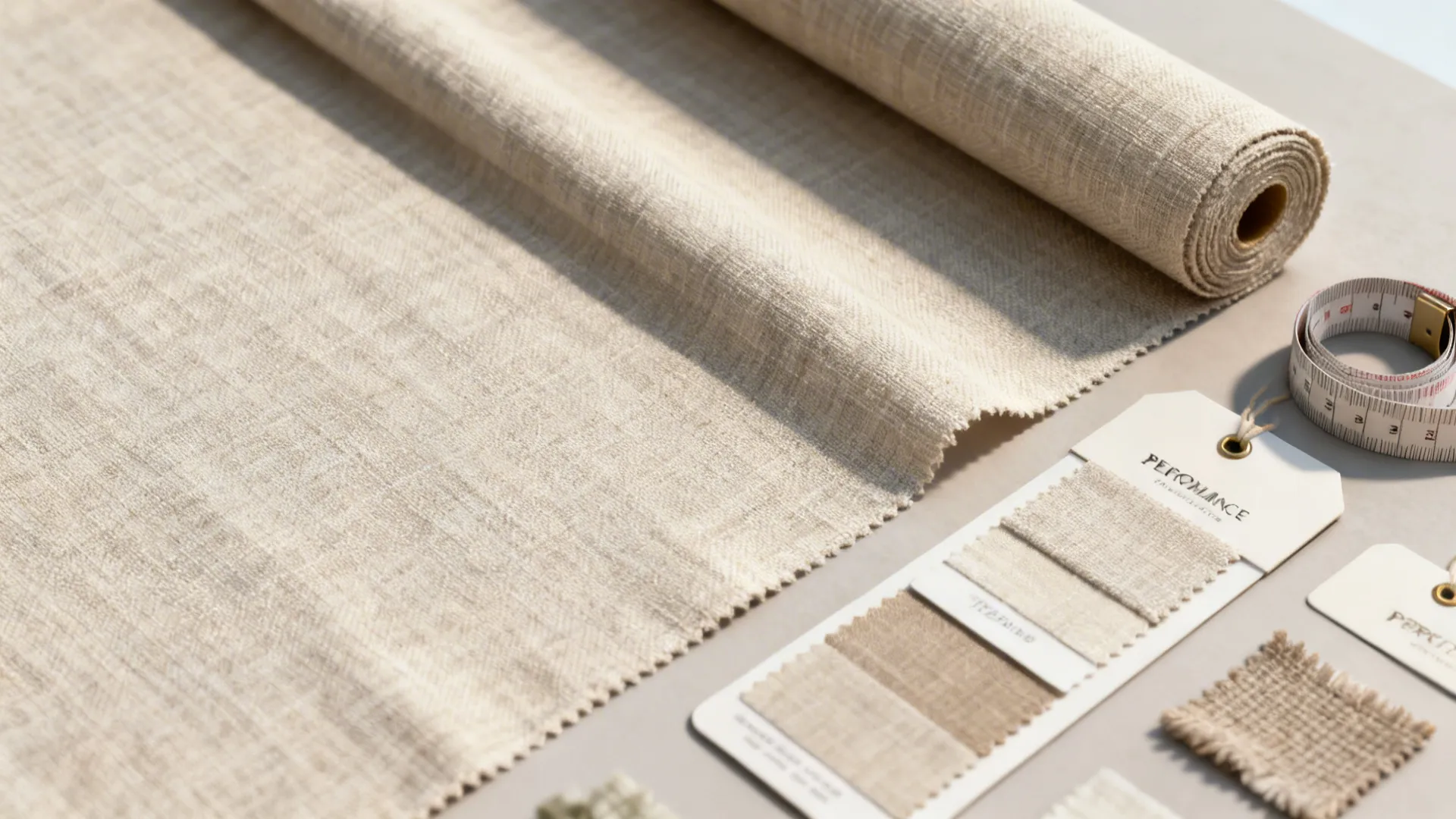 Flatlay of wide-width fabric swatches, measuring tape, and remnants for budget curtain planning