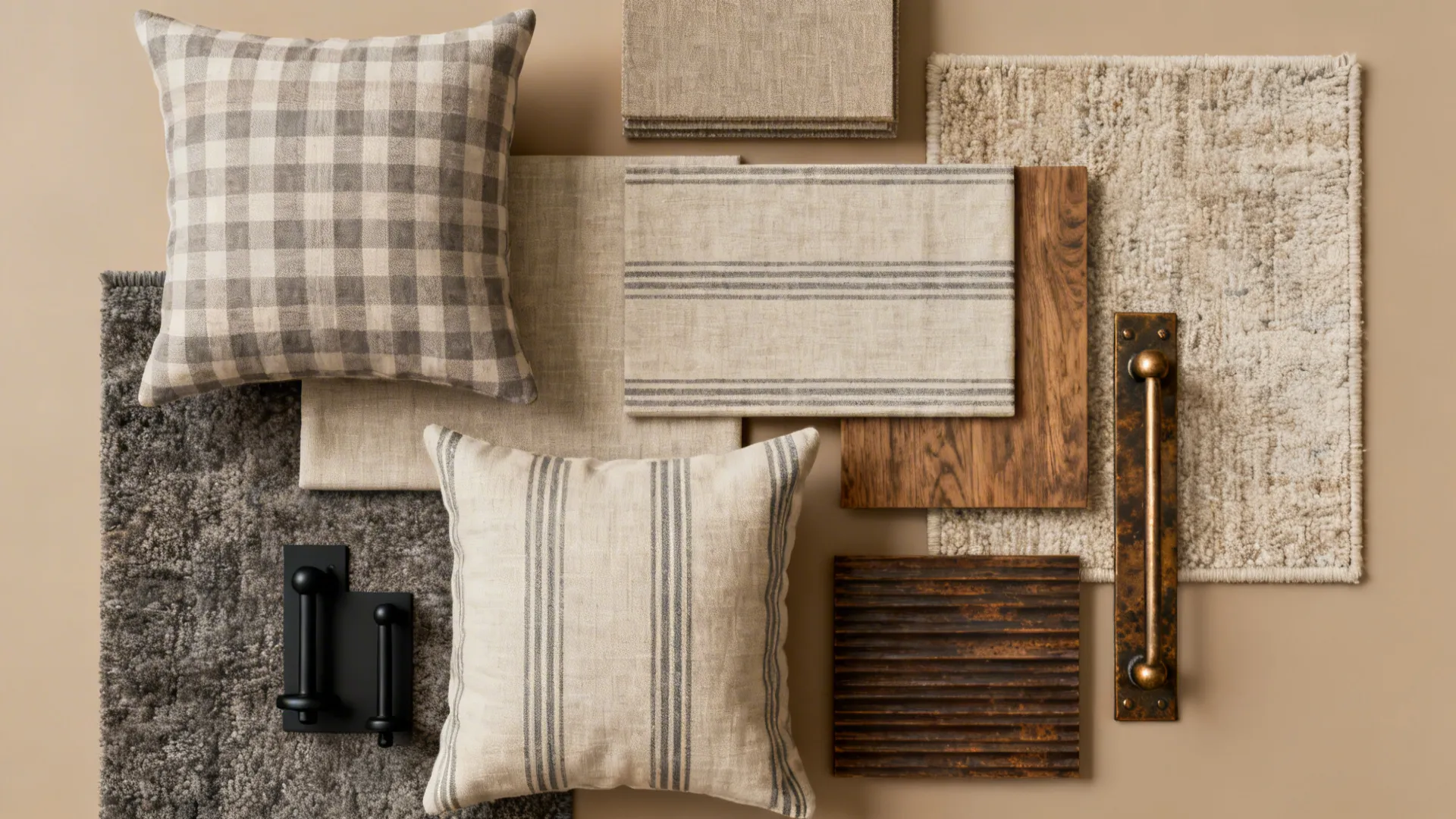 Flatlay of muted check and stripe fabric swatches with hardware samples for farmhouse curtains