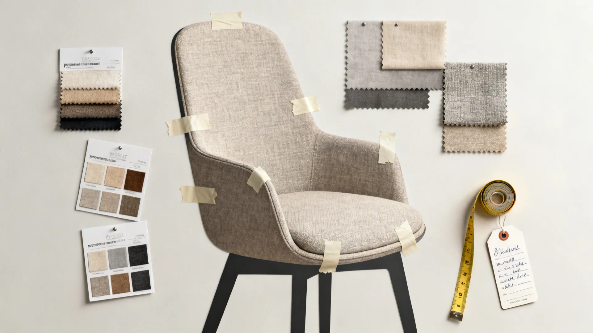 Modern beige chair surrounded by different fabric swatches, yellow measuring tape, and a white paper