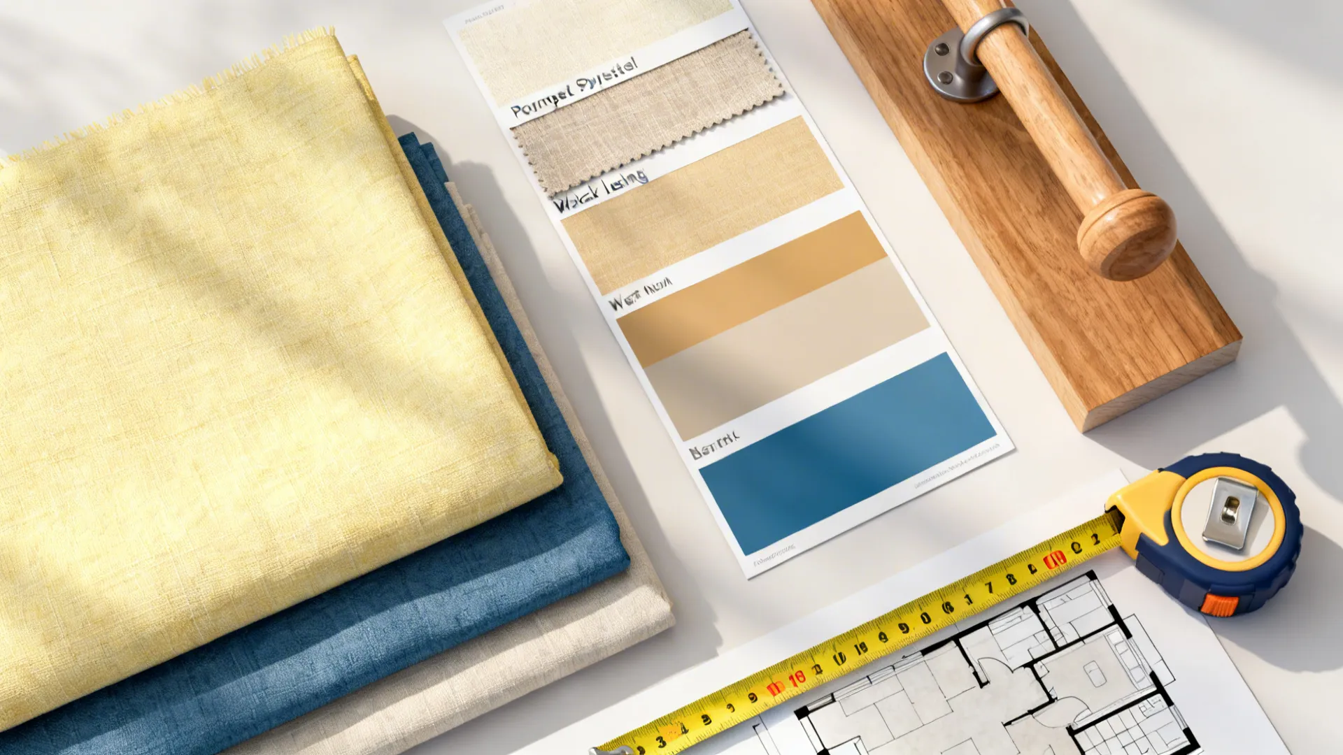 Flatlay of light-yellow curtain fabric swatches, lining, rod sample and color chips