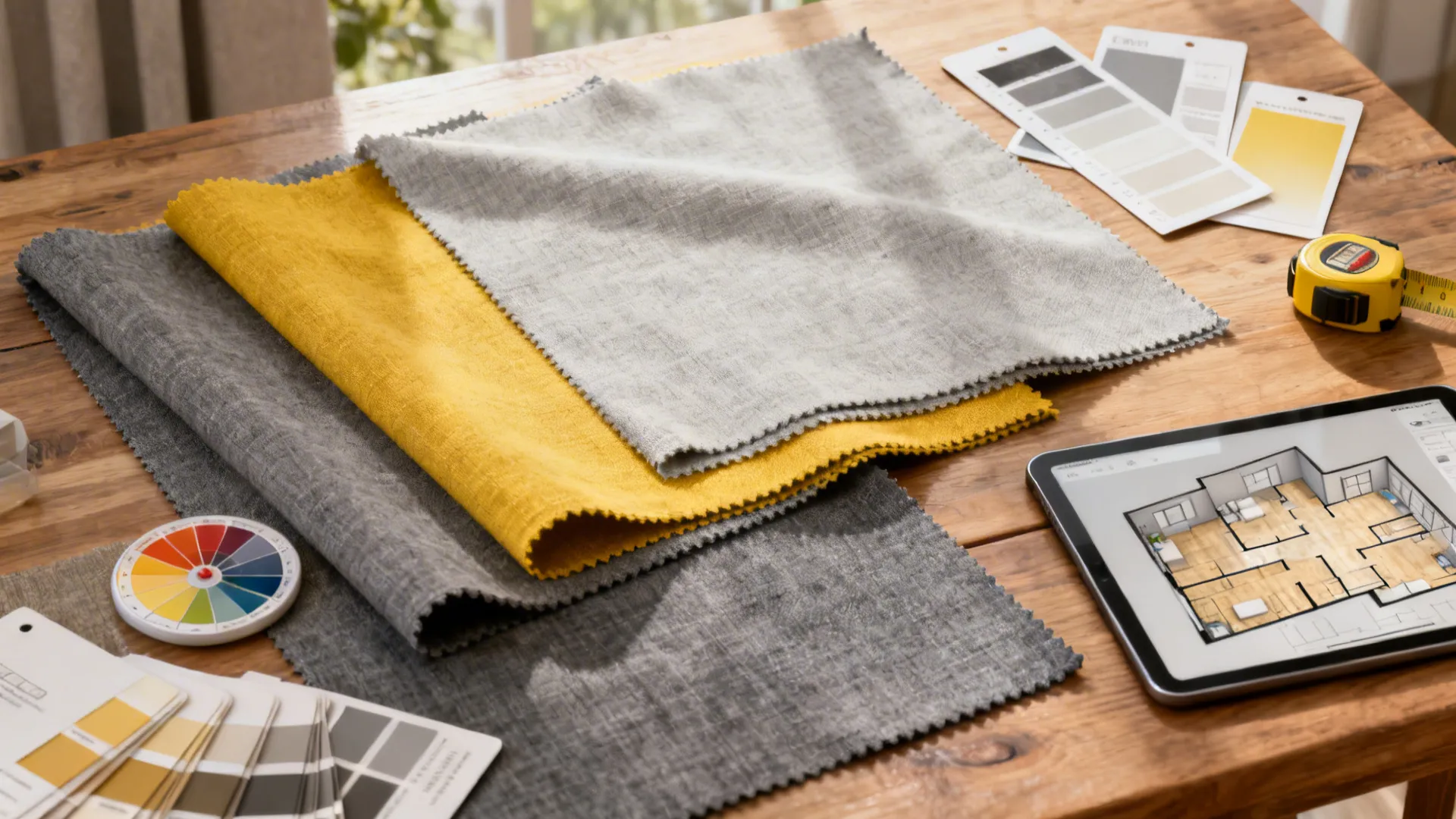 Flatlay of gray and yellow fabric swatches, measuring tape, and a tablet with a 3D planner.