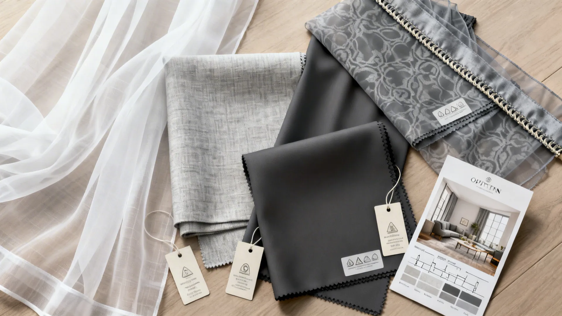 Flatlay of white, light grey, charcoal and patterned grey fabric swatches with trim and room-planner mockup.