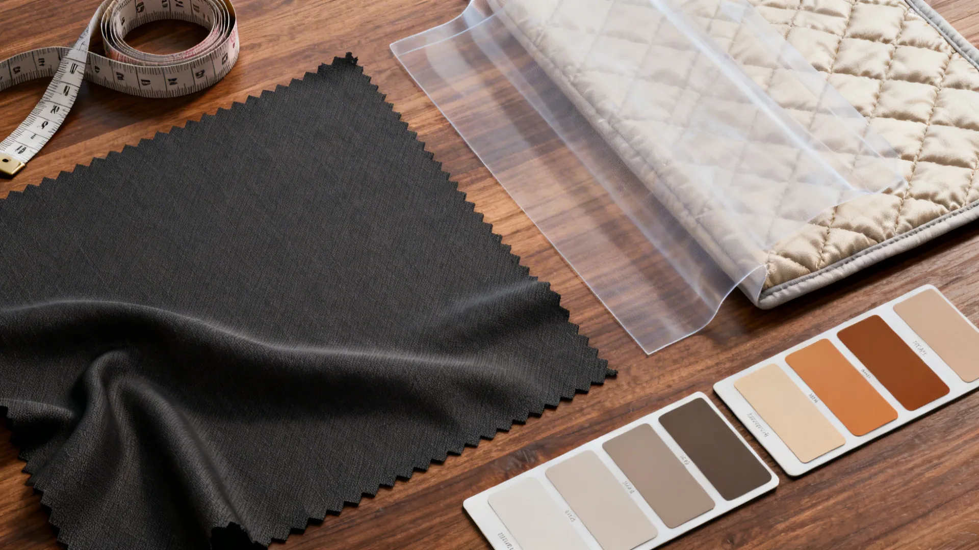 Flatlay of blackout and sheer fabric swatches, thermal linings, and color cards for curtain selection.