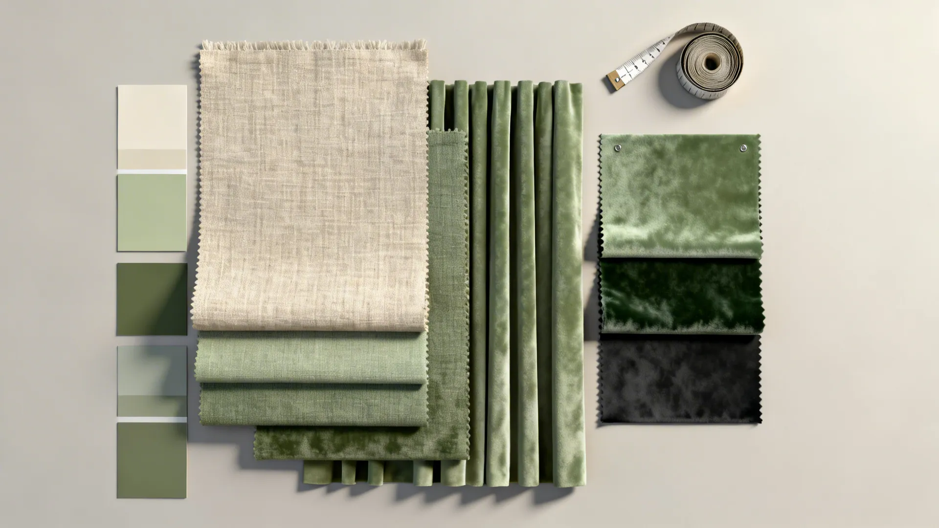 Flatlay of curtain fabric swatches, lining, measuring tape, and color chips