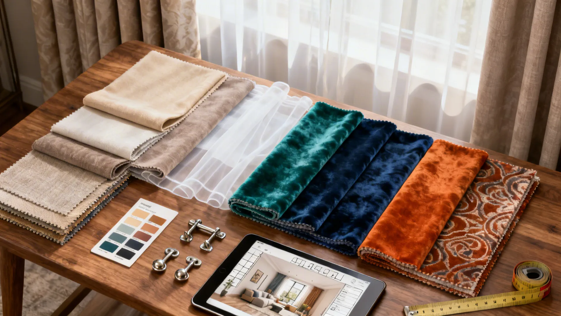 Top-down flatlay of curtain fabric swatches, hardware samples, and a tablet with a room planner for curtain visualization.