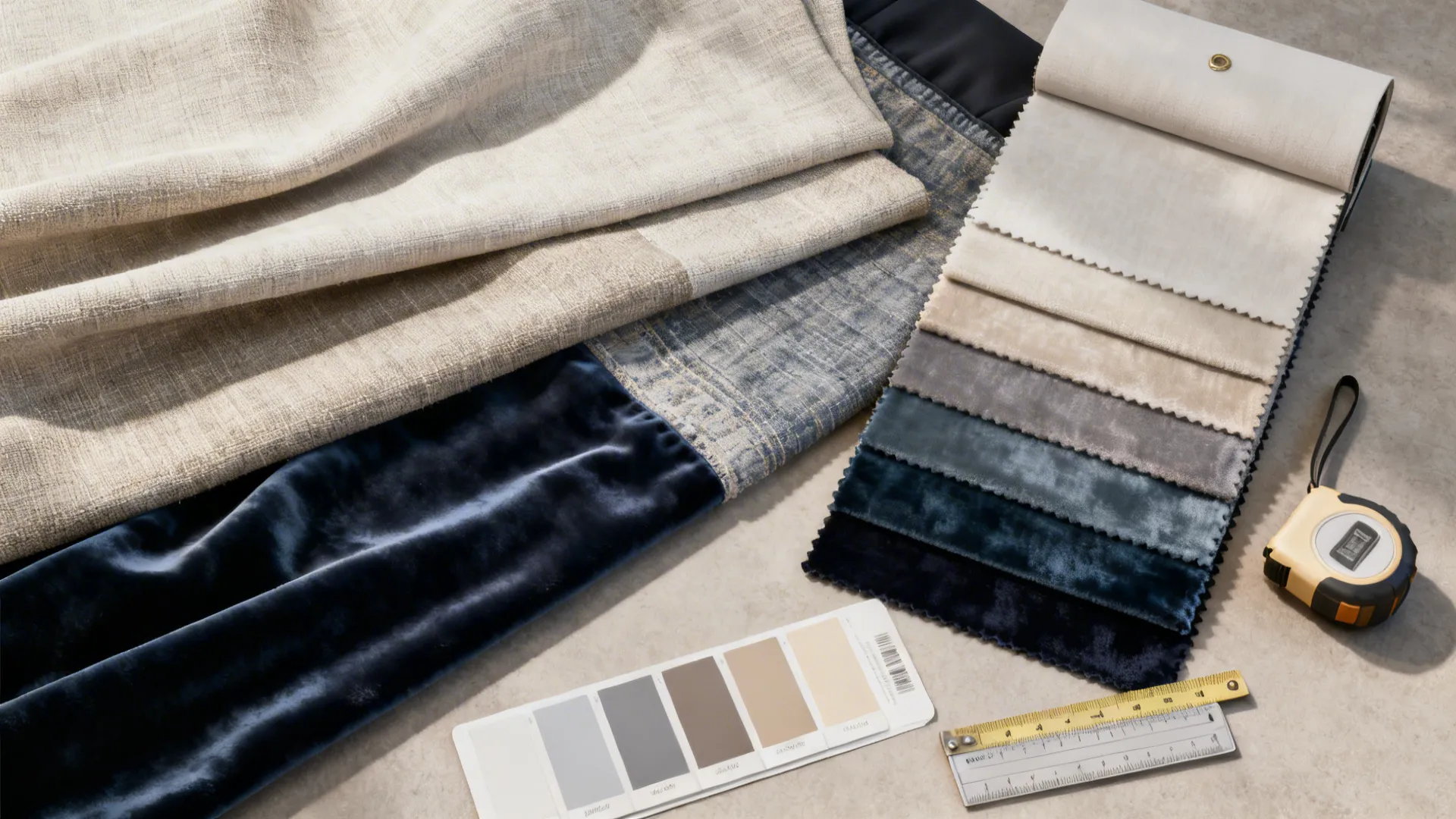 Flatlay of curtain fabric swatches including linen blend, velvet and blackout lining with measuring tape.