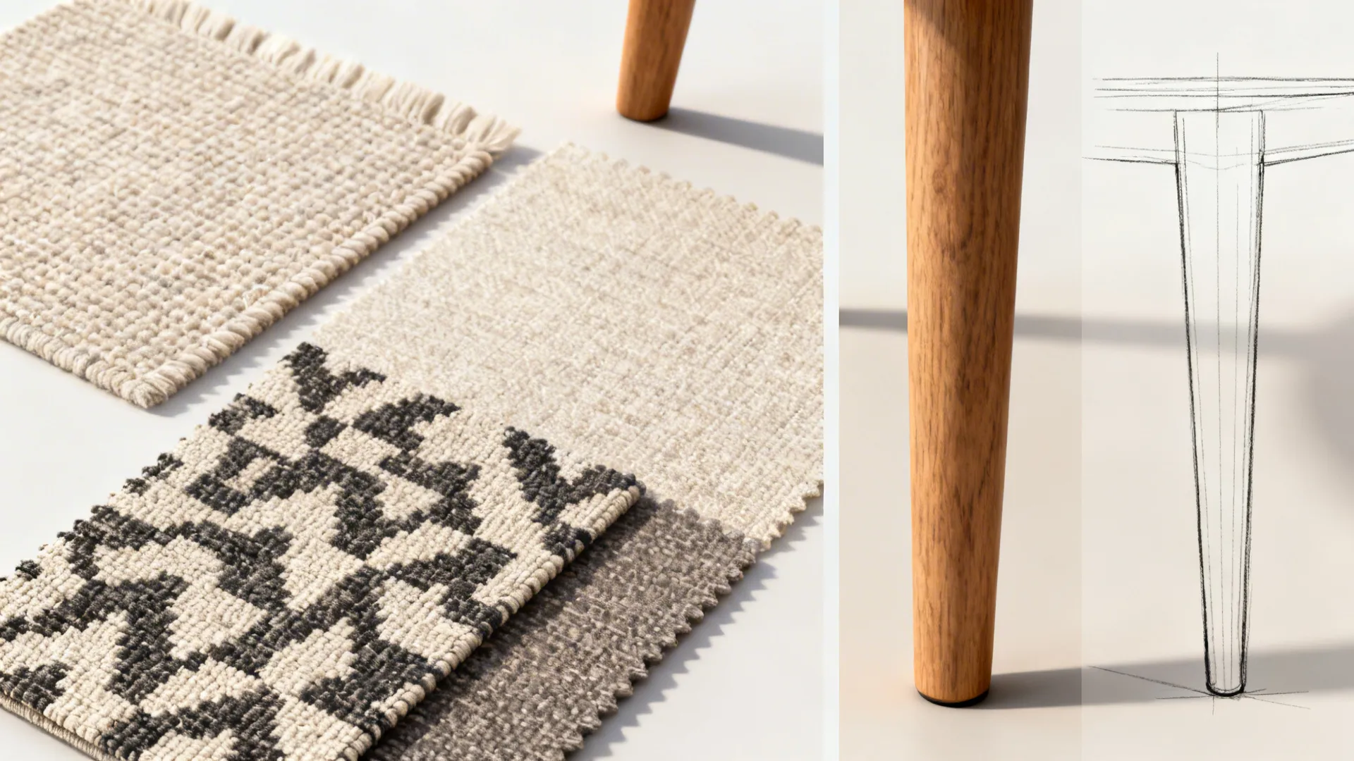 Flatlay of performance fabric swatches, wood leg detail, and slim leg sketches for small living room furniture.