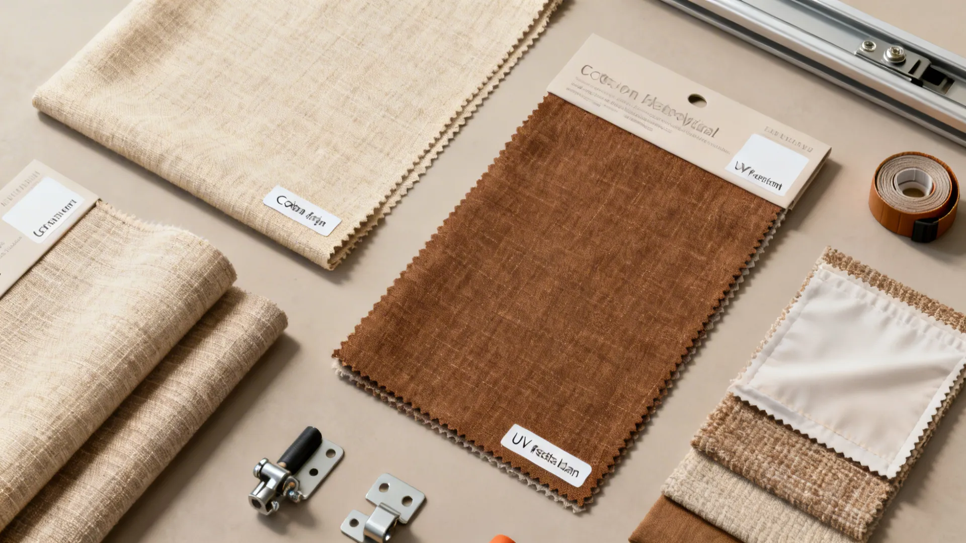 Top-down flatlay of beige and brown curtain fabric swatches, lining samples and measurement tools for planning