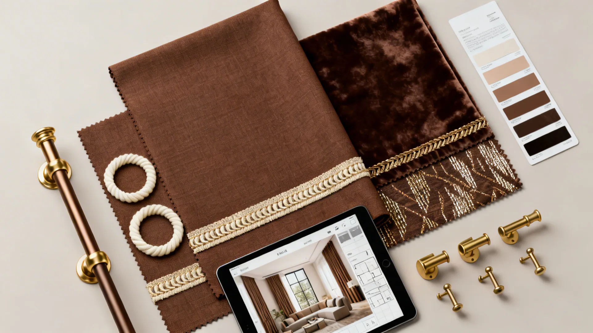 Flatlay of chocolate brown fabric swatches, trims, and room planner tablet