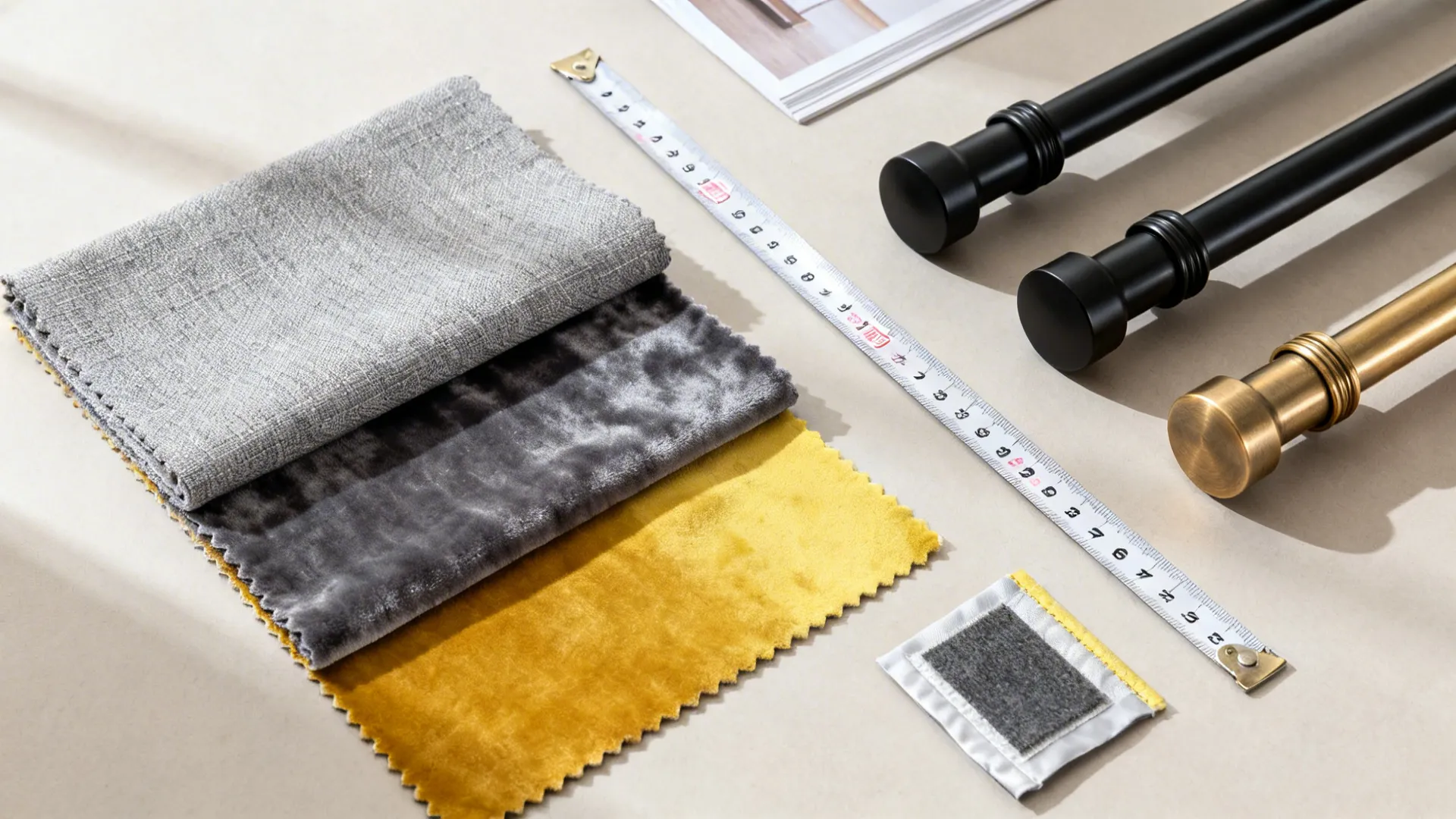 Flatlay of gray and yellow fabric swatches, color chips, measuring tape, and curtain hardware samples