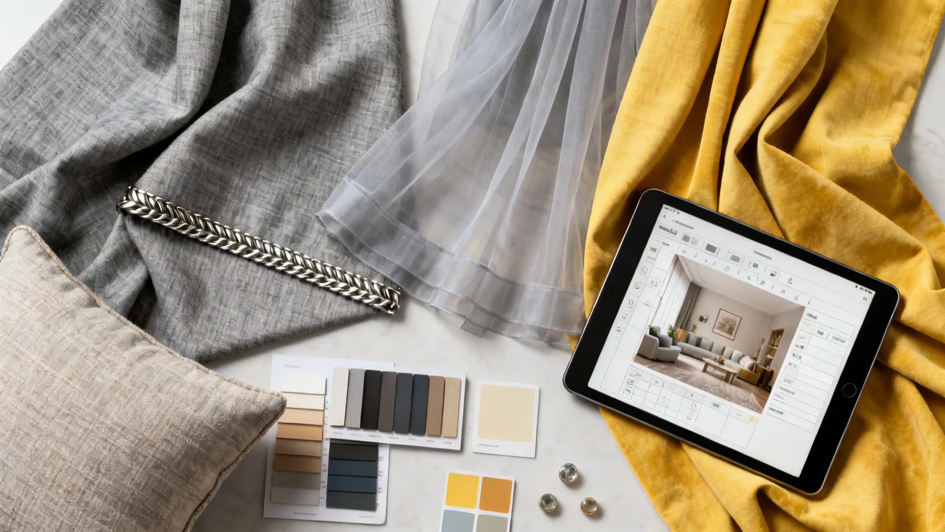 Flatlay of gray and yellow fabric swatches, trim samples, and a tablet with a room planner.