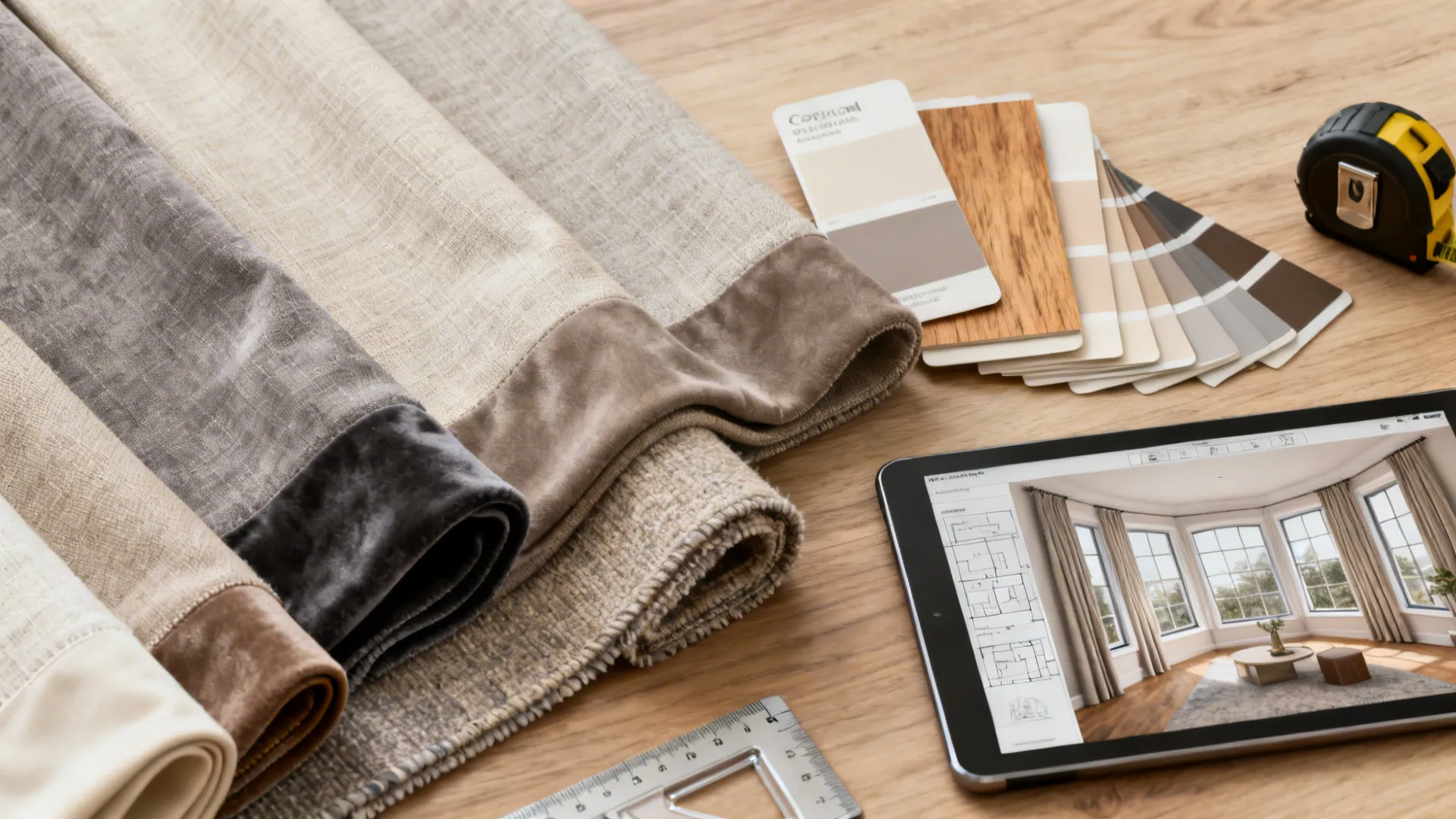 Fabric samples and color swatches on table with a tablet showing an interior design drawing