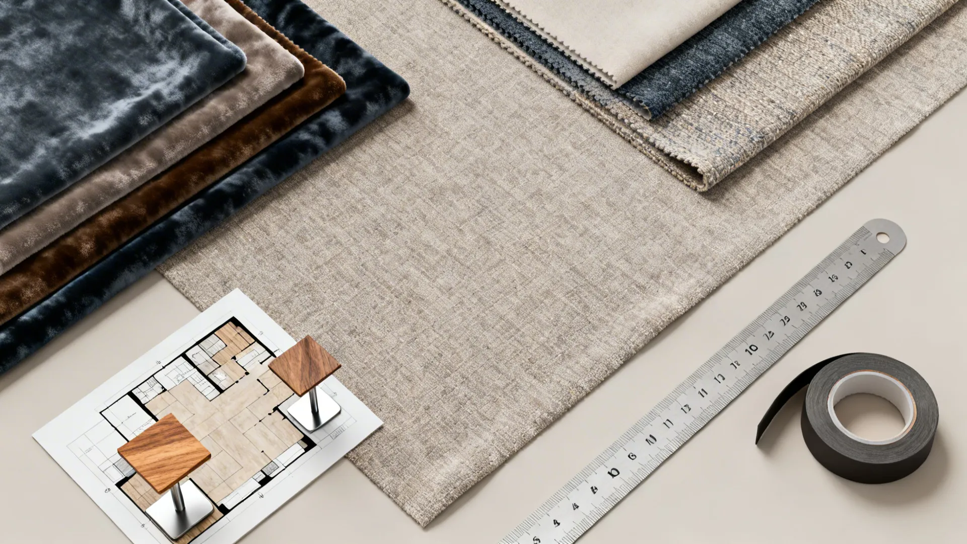 Upholstery swatches and a small 3D floor planner mockup showing material options and scale tools.