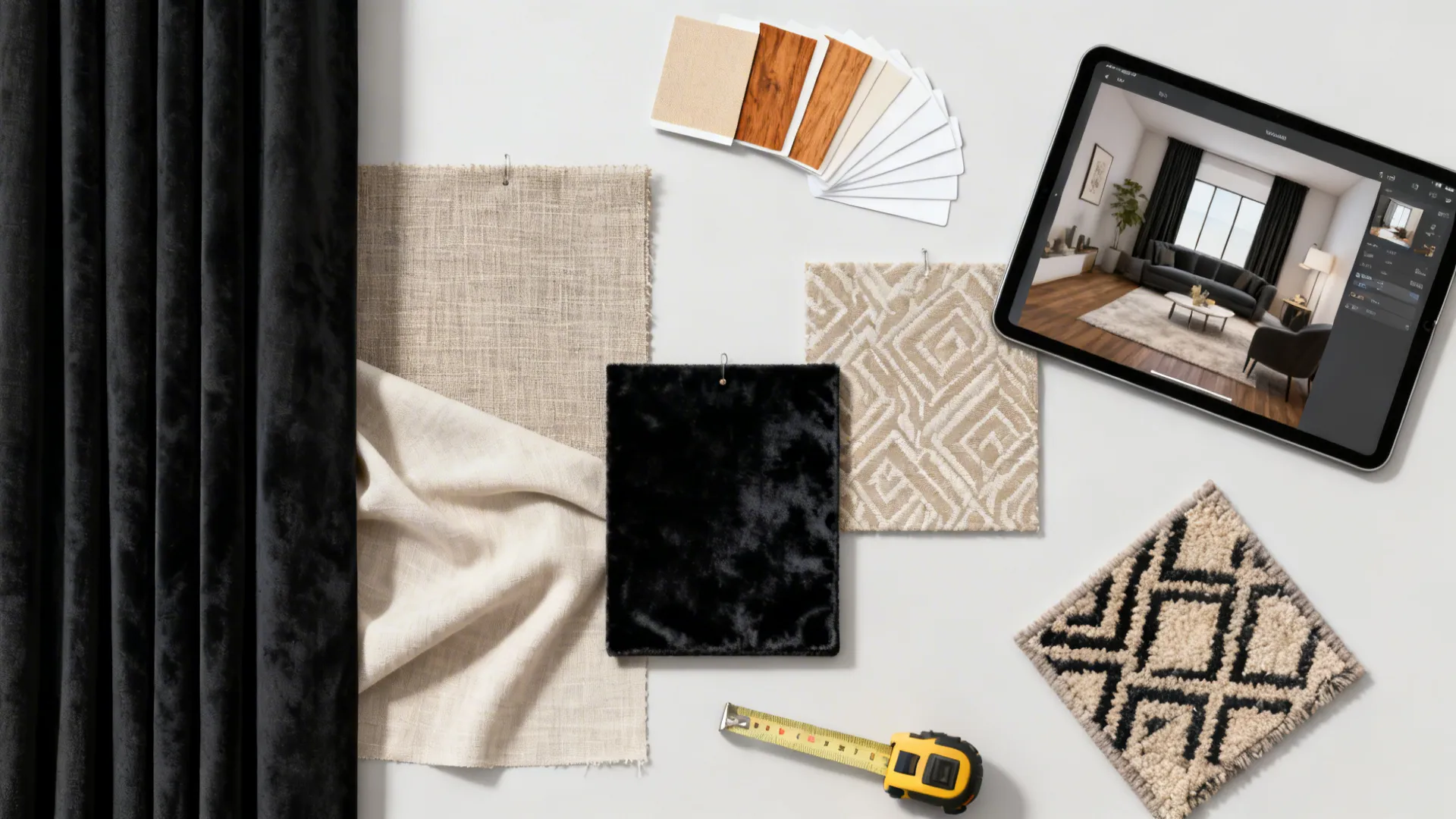 Flatlay of black curtain fabric swatches, rug sample, and a tablet with a room preview