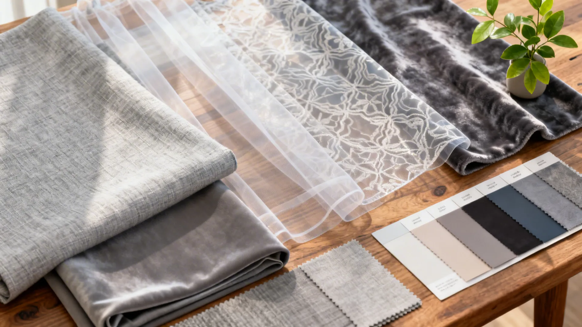 Flatlay of light grey fabric swatches including linen, sheer, velvet and blackout lining