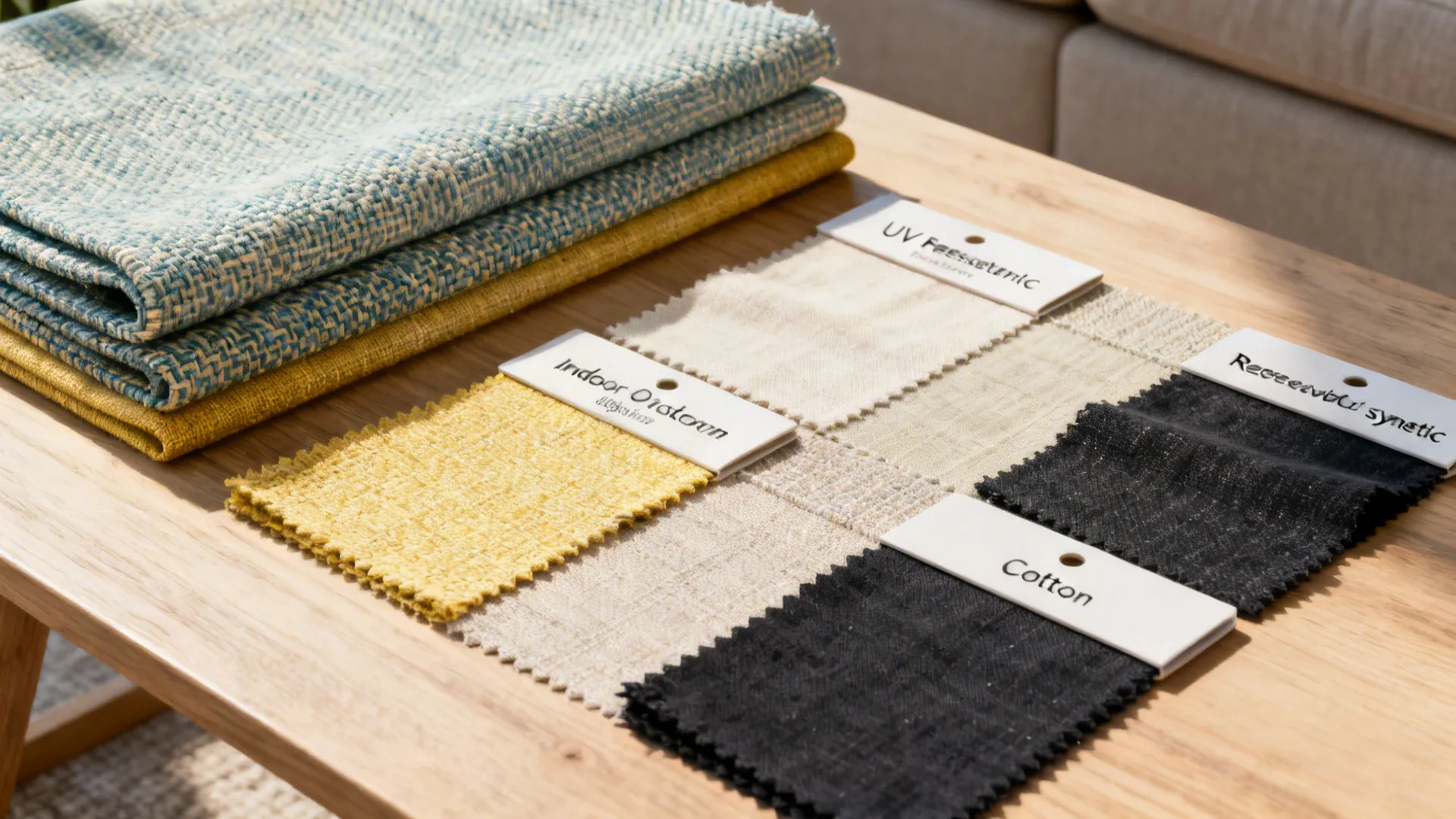 Flatlay of UV-resistant and washable sofa fabric swatches for sun-exposed seating