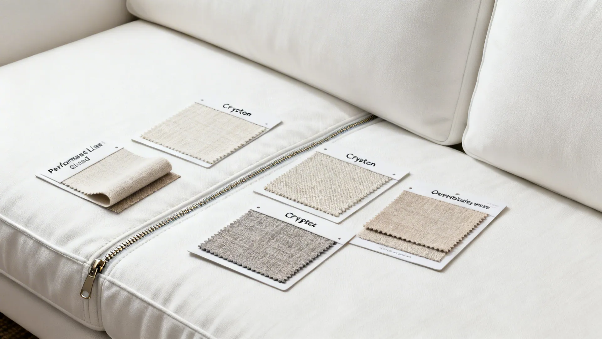 Flatlay of pet-friendly upholstery swatches for a white sofa