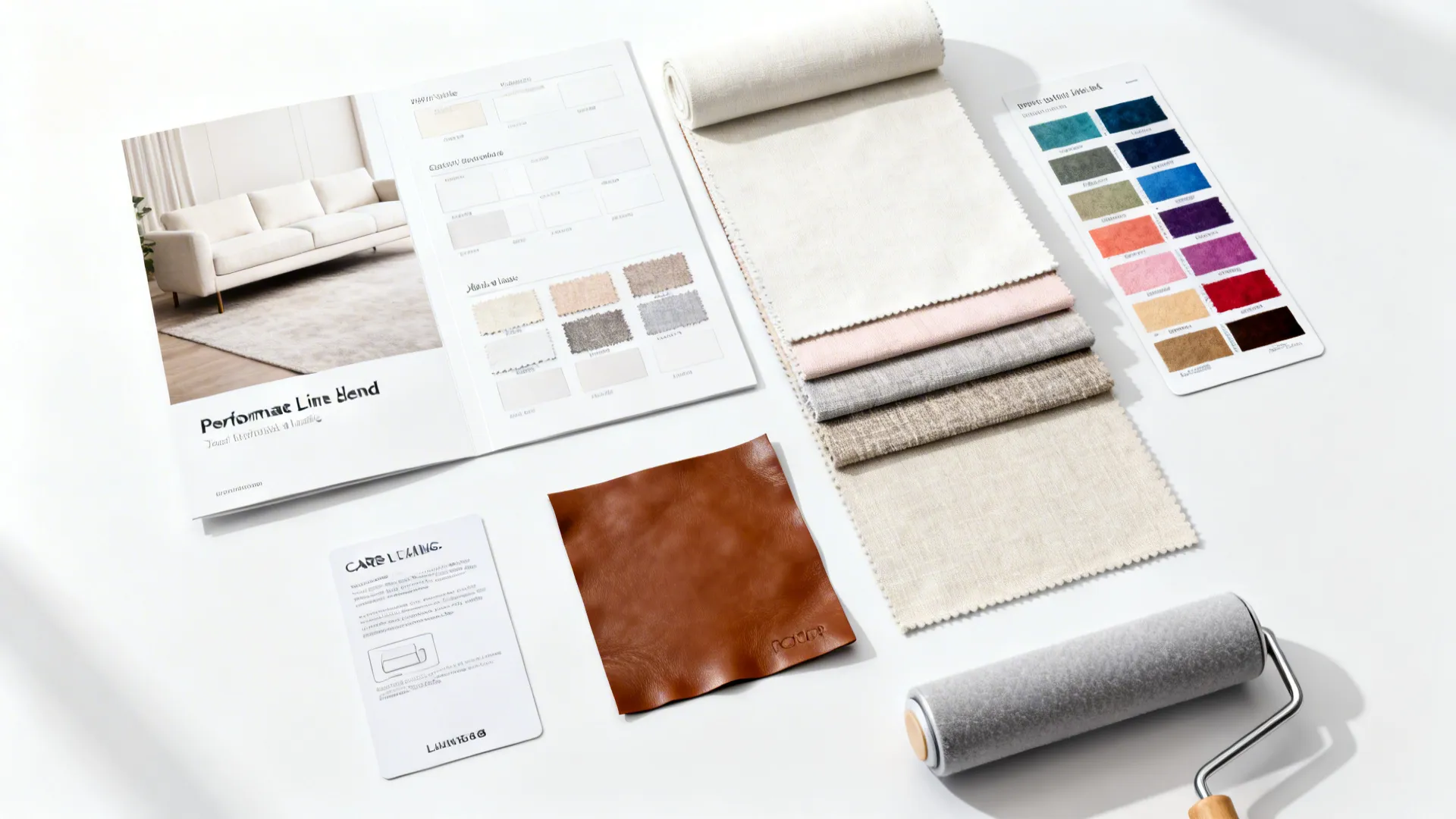 Flatlay of fabric swatches, color chips and care items for planning a white sofa