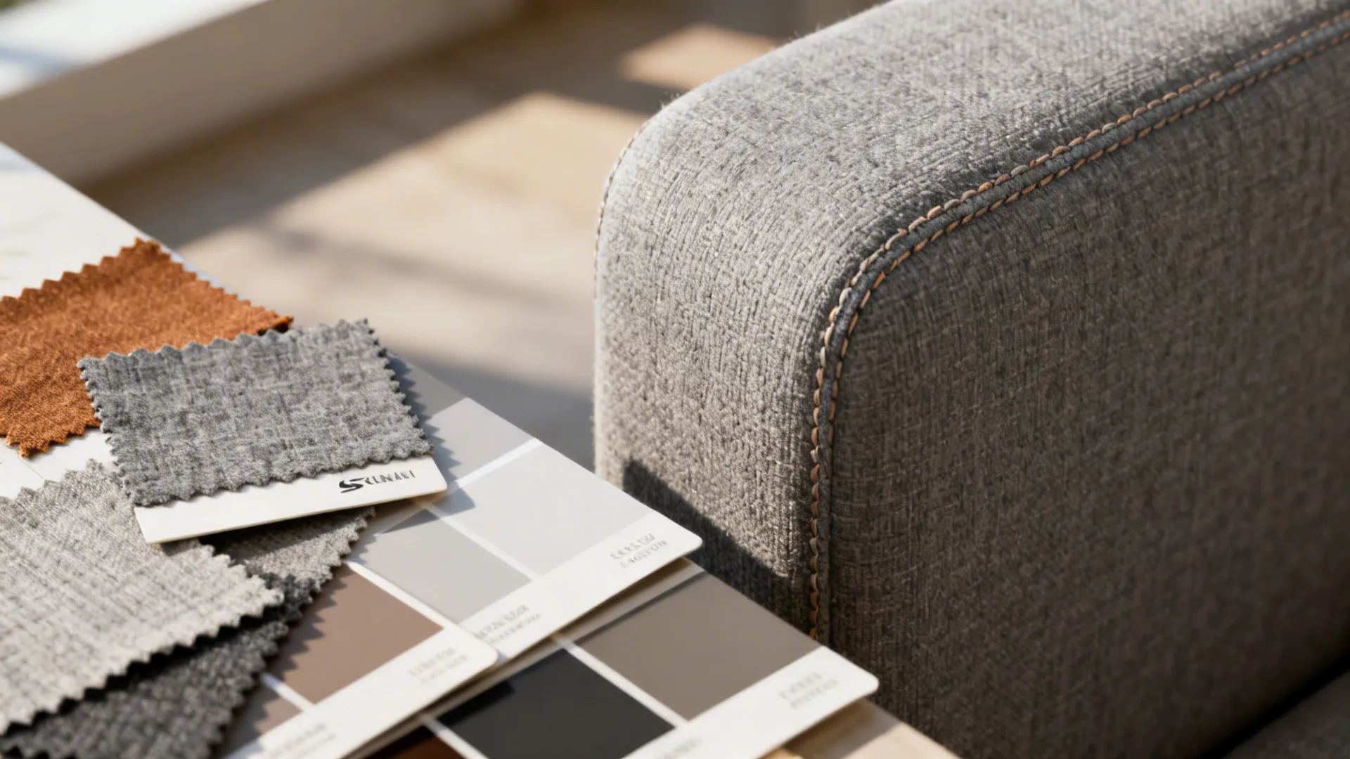 Fabric swatches and paint chips next to a gray chair arm showing warm and cool gray options.