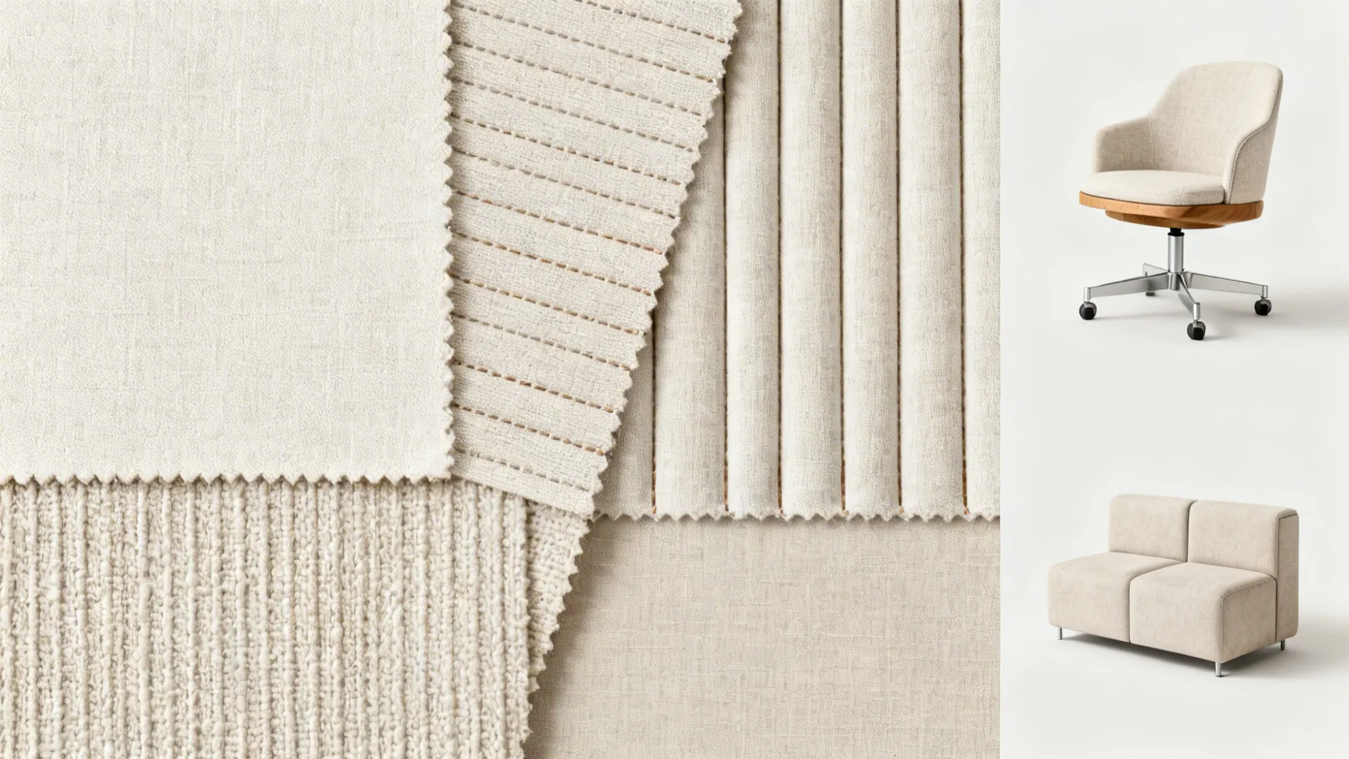 Flatlay of fabric and material swatches for choosing lightweight upholstery and bases for swivel chairs.