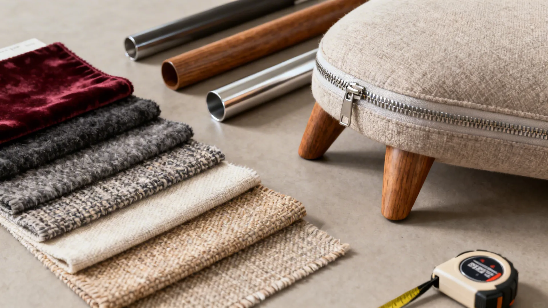 Fabric swatches, leg samples and measurement tape illustrating material and sizing tips for small sofas